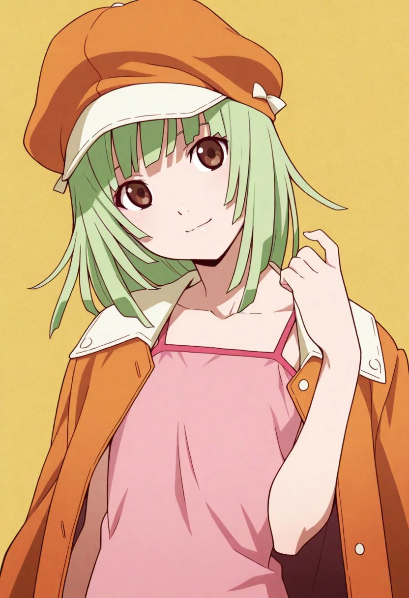 1girl, nadeko sengoku, blunt bangs, blunt ends, medium hair, pink camisole, 
upper body, head tilt,
light smile, looking at viewer, brown eyes, asian,
green hair, hat, orange cabbie hat, orange jacket, jacket on shoulders,
one hand up, shoulder,