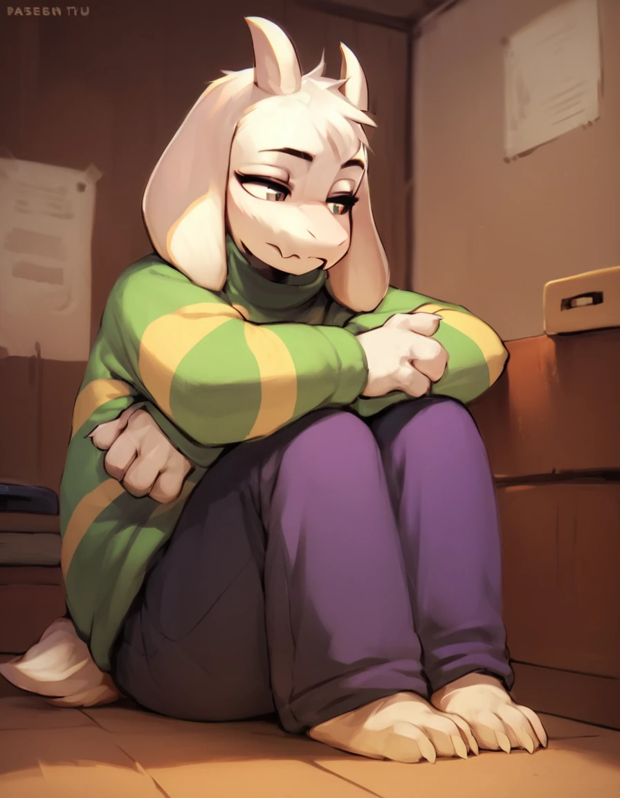 score_9, score_8_up, score_7_up, score_6_up, score_5_up, score_4_up, <lora:Asriel_undertale:1>, asriel_undertale, furry, sitting down, room