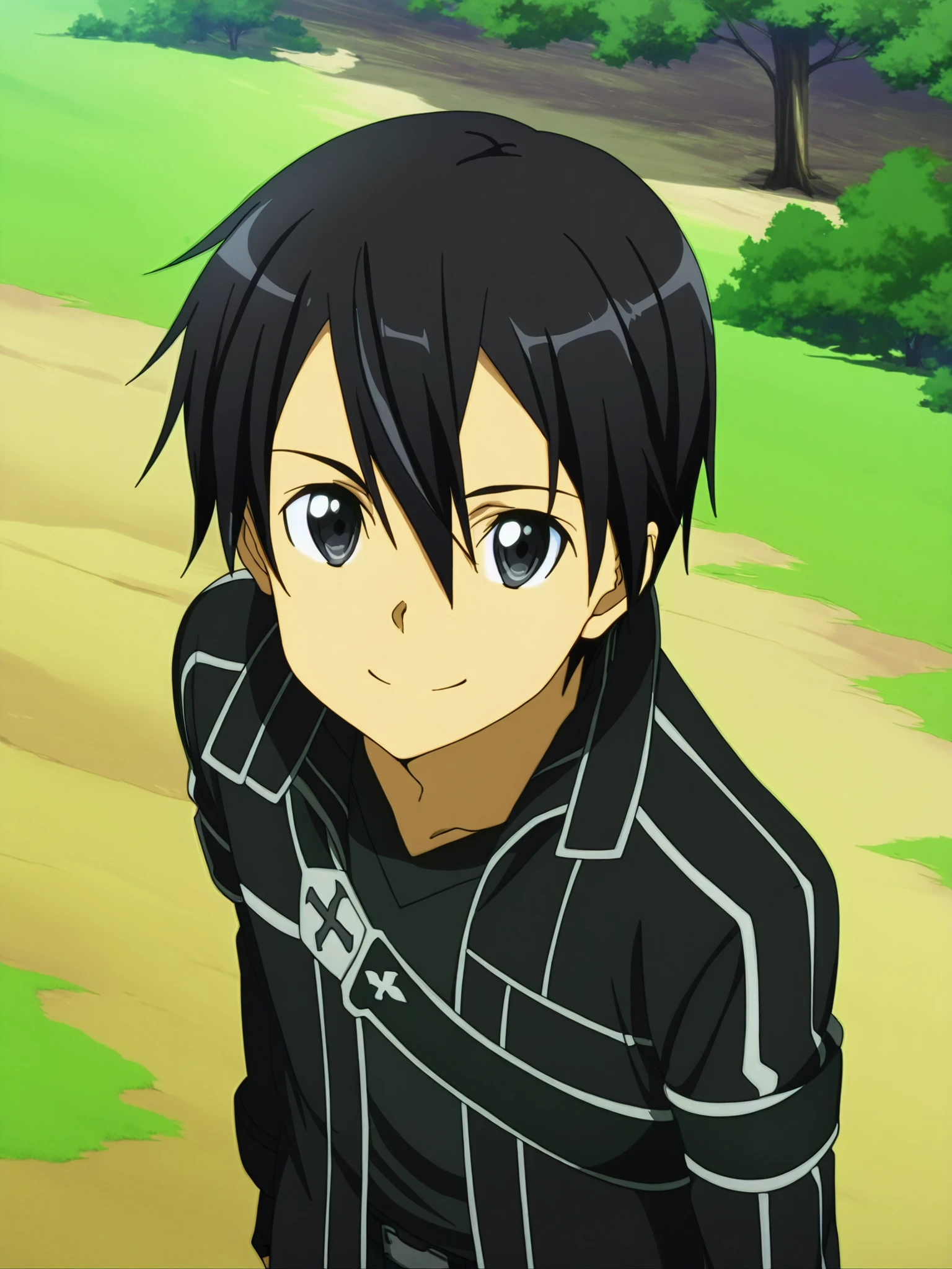 ,anime screencap, anime coloring, 
outside, trees, epic landscape,
 <lora:3-in-1_Asuna_Yuuki_Suguha_Kirigaya_and_Kirito_Kazuto_Kirigaya_Sword_Art_Online_-_Illustrious:.8>,
Kazuto Kirigaya (character), Kirito black swordsman outfit, kirito, black hair, black eyes, 1boy, solo, fingerless gloves, gloves, male focus, black gloves, looking up at the viewer, smiling, high angle from above