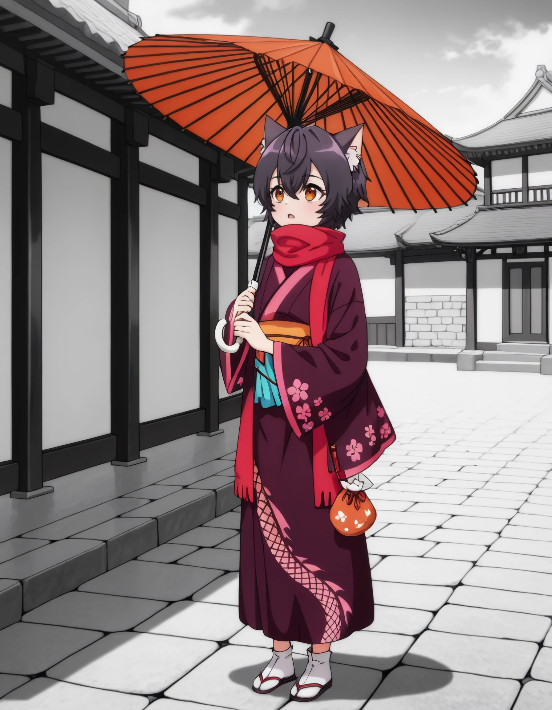 <lora:origa_calmeria_il:1> origa_calmeria, short_hair, black_hair, cat_ears, animal_ear_fluff, hair_between_eyes, brown_eyes, orange_eyes, japanese_clothes, red_scarf, kimono, sash, 1girl, architecture, chinese_zodiac, dragon, east_asian_architecture, eastern_dragon, floral_print, full_body, greyscale, holding, holding_umbrella, looking_ahead, monochrome, oil-paper_umbrella, open_mouth, rabbit, sandals, shadow, solo, tabi, town, umbrella, umbrella_over_shoulder, year_of_the_dragon, yukata, zouri, airbrush_\(medium\), relationship_graph, nuclear_powerplant, masterpiece, detailed, best_quality