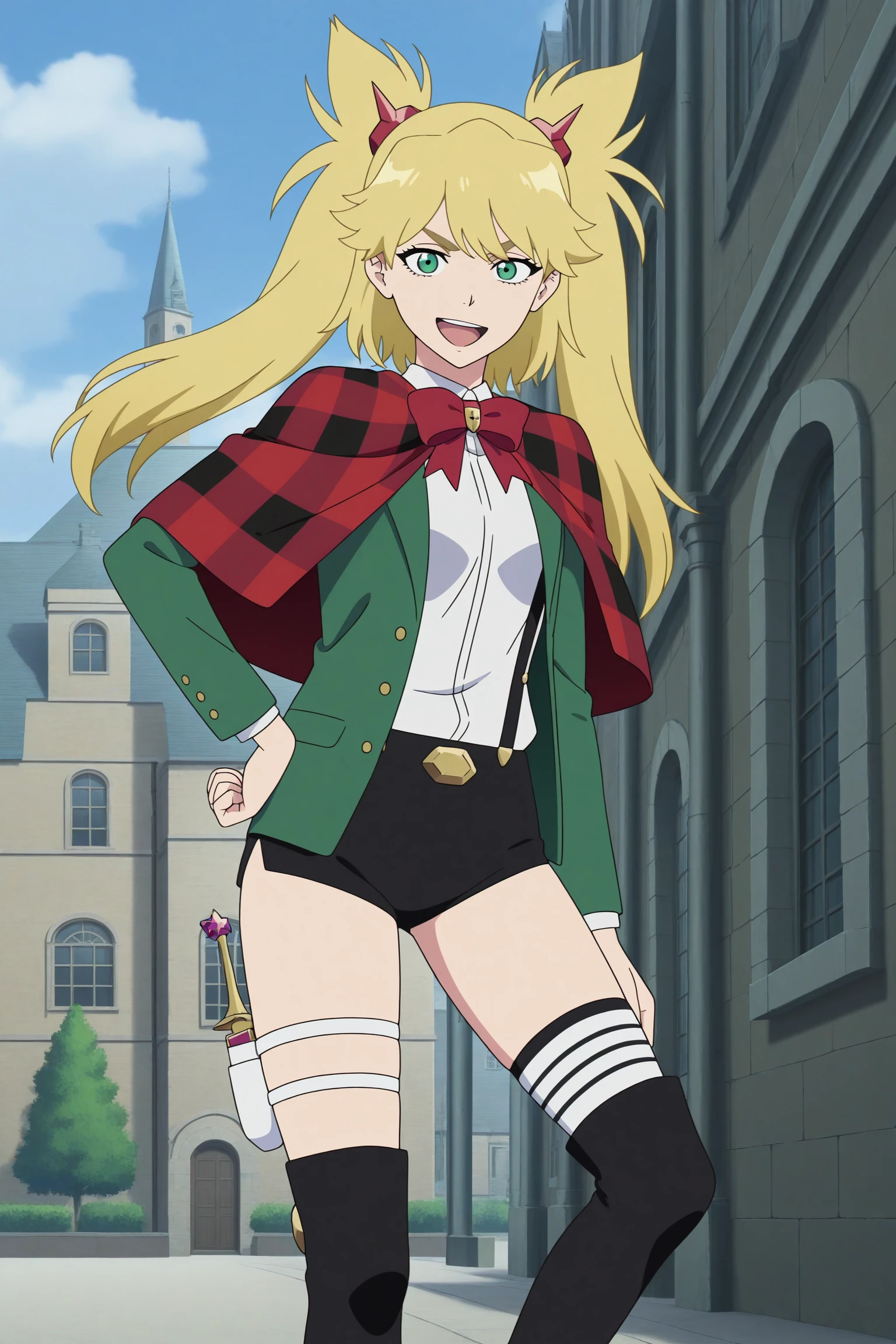 masterpiece, best quality, amazing quality, highres, absurdres, very aesthetic, high resolution, ultra detailed, perfect details, 1girl, looking at viewer, outdoors, european architecture, ninny spangcole, blonde hair, long hair, two side up, hair ornament, green eyes, green jacket, open jacket, white shirt, collared shirt, red bowtie, red capelet, plaid capelet, suspenders, black shorts, short shorts, white thigh holster, black footwear, thigh boots, <lora:Ninny_Spangcole_ILXL:0.8>, (aged up:1.2), (feet out of frame:1.5), (day:1.3), anime coloring, (anime screencap:1.5), open mouth, smile, (pose:1.2)