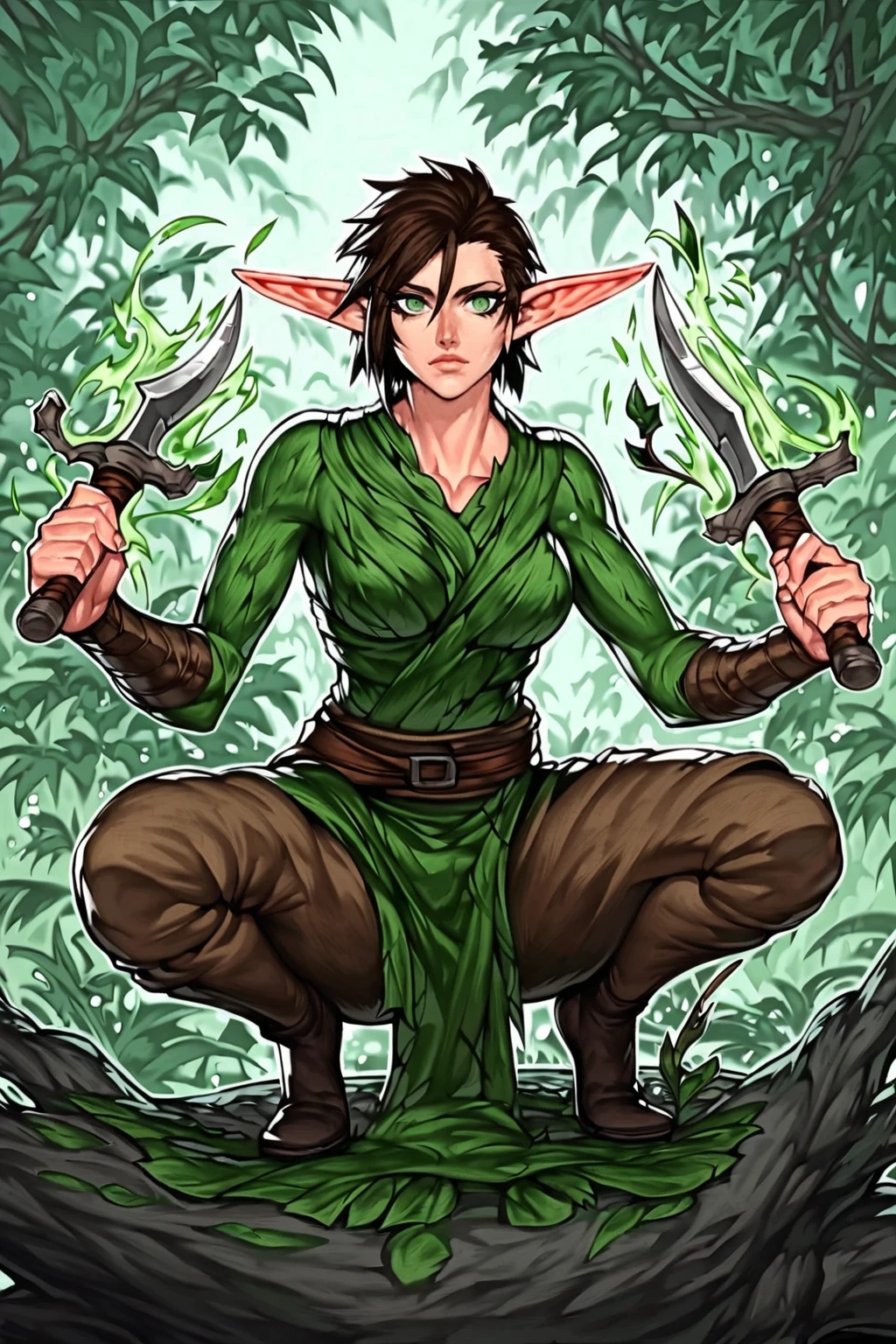 <lora:anime_mtg:1>1girl, mtg style, solo, holding weapon, magic the gathering, long ears, green leaf armor, short tomboy hair, athletic build, medium beasts, green eyes, squatting in a tree branchm, long pointy ears, elf ears,, , source_anime, score_7_up, score_8_up,. knife, brown hair, tattos,