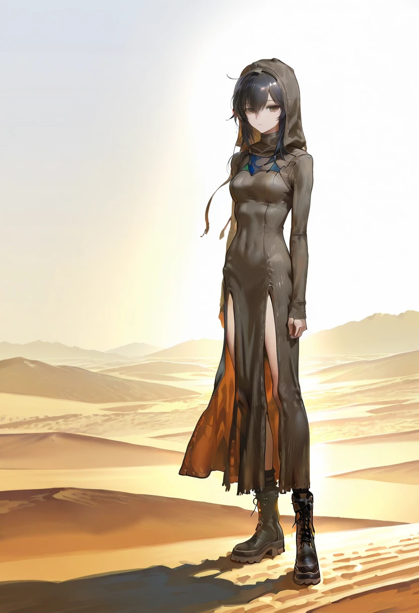 1girl,solo,looking at viewer,ikeda ruriko, desert,ehm dress, hood, boots, texas_(arknights)