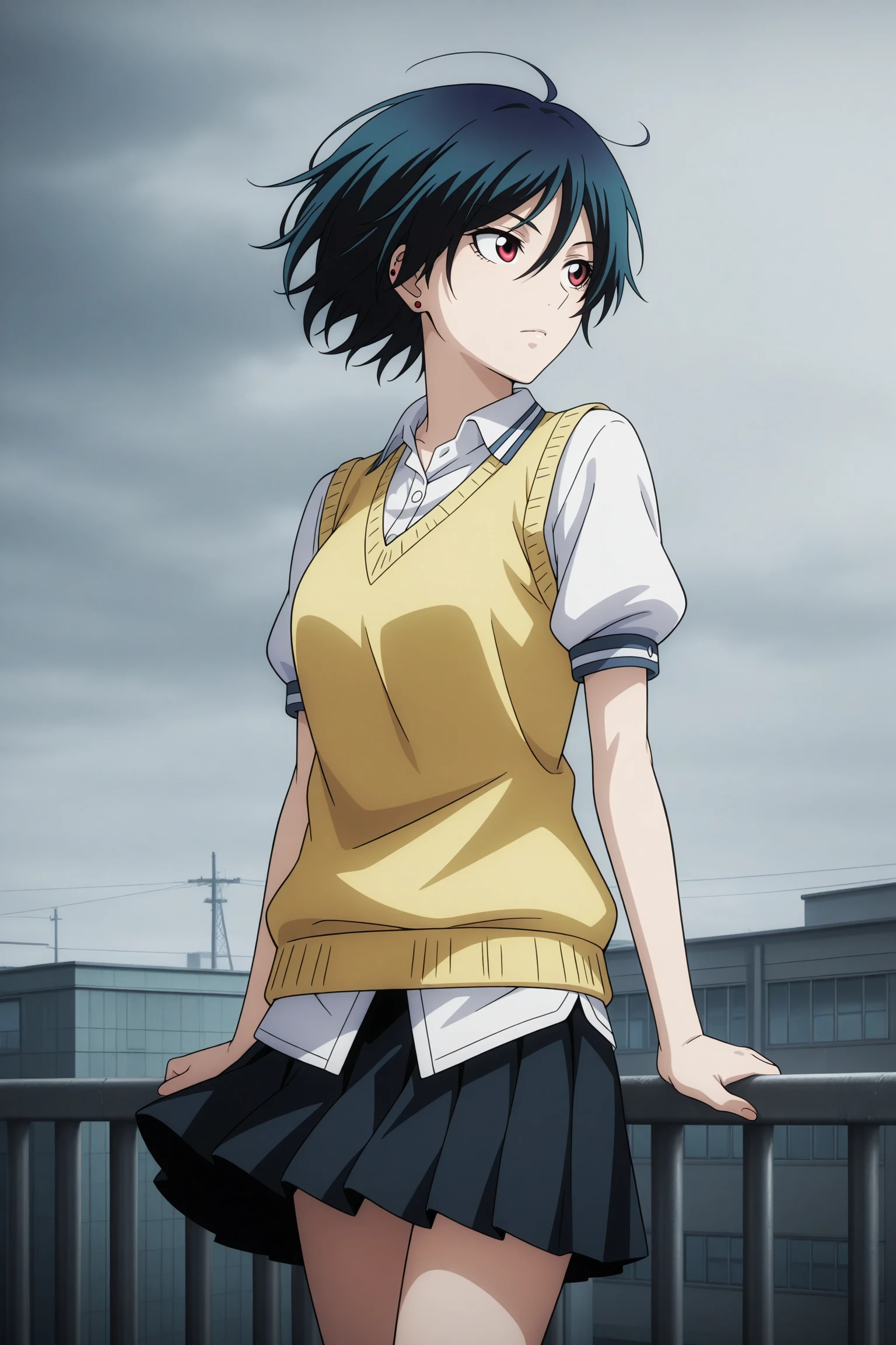 masterpiece, best quality, amazing quality, highres, absurdres, very aesthetic, high resolution, ultra detailed, perfect details, 1girl, solo, outdoors, school, rooftop, (overcast:1.4), kanoe kirie, short hair, blue hair, hair between eyes, red eyes, ear piercing, school uniform, white shirt, collared shirt, yellow sweater vest, untucked shirt, puffy sleeves, short sleeves, black skirt, pleated skirt, red-white footwear, sneakers, <lora:Kirie_Kanoe_ILXL:0.8>, (aged up:1.5), (cowboy shot:1.5), (vignetting:1.4), pose, (wind:1.3), (floating hair:1.3), against railing, looking to the side, from side