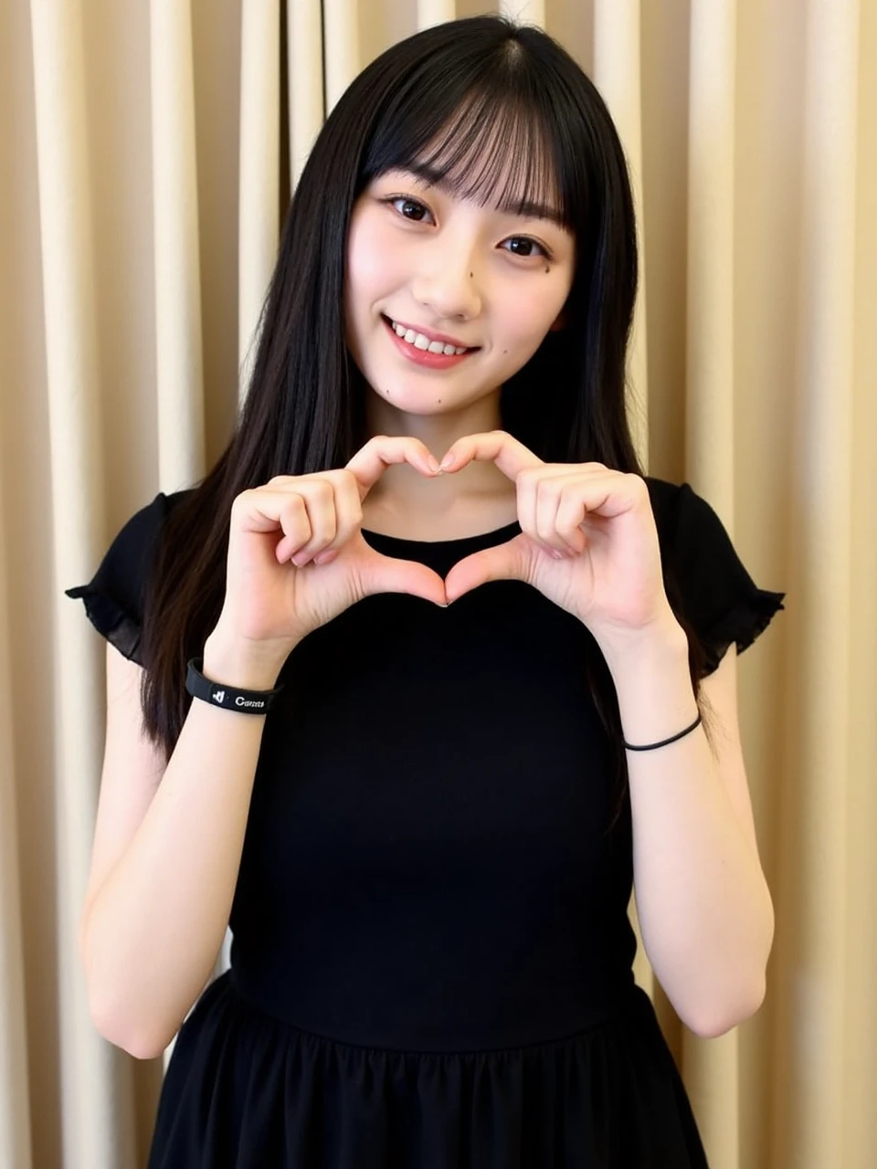 The image is a portrait of a young woman named sakutan with long black hair and bangs. She is standing in front of a beige curtain and is making a heart shape with her hands. The woman is wearing a black top with a ruffled hem and a black bracelet on her wrist. She looked at the camera with a slight smile on her lips.