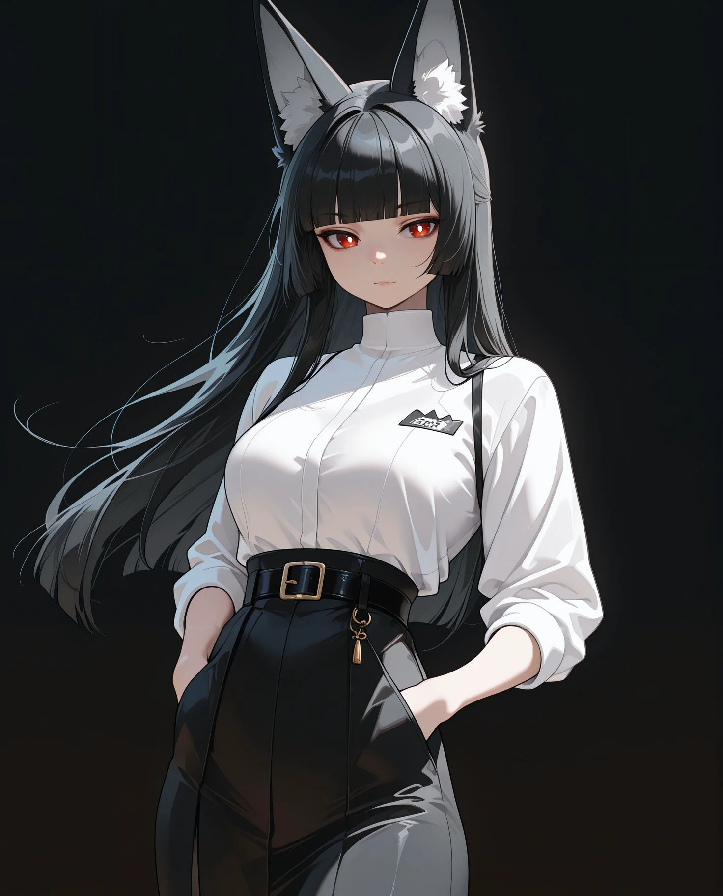 masterpiece,best quality,amazing quality, sharp details, vivid color <lora:miyabi_zzz _ilxl_goofy:1>miyabizzz, 1girl, alternate costume, animal ear fluff, animal ears, belt, black belt, black hair, black skirt, blunt bangs, closed mouth, cowboy shot, fox ears, fox girl, gradient background, hands in pockets, high-waist skirt, long hair, red eyes, sidelocks, simple background, skirt, solo,bright pupils, black background