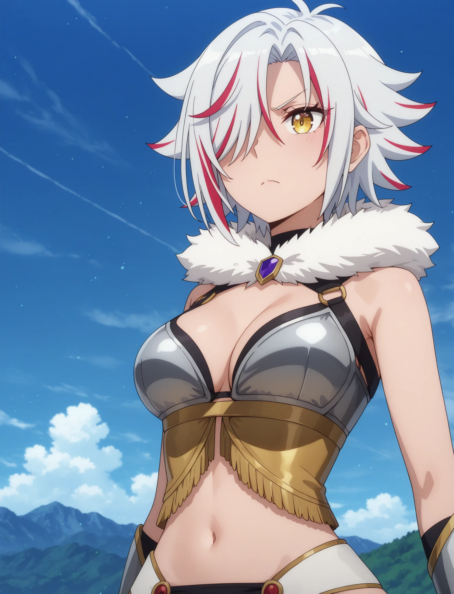 masterpiece, best quality, newest, absurdres, highres, anime screencap, 1girl, solo, <lora:MLF-Sofia_Bulgar_ILL_epoch_12:1>
sophia-bulga, short hair, multicolored hair, yellow eyes, streaked hair, white hair, hair over one eye,
s1-outfit, fur collar, fur trim, midriff, metal bikini,
outdoors, blue sky, v-shaped eyebrows,