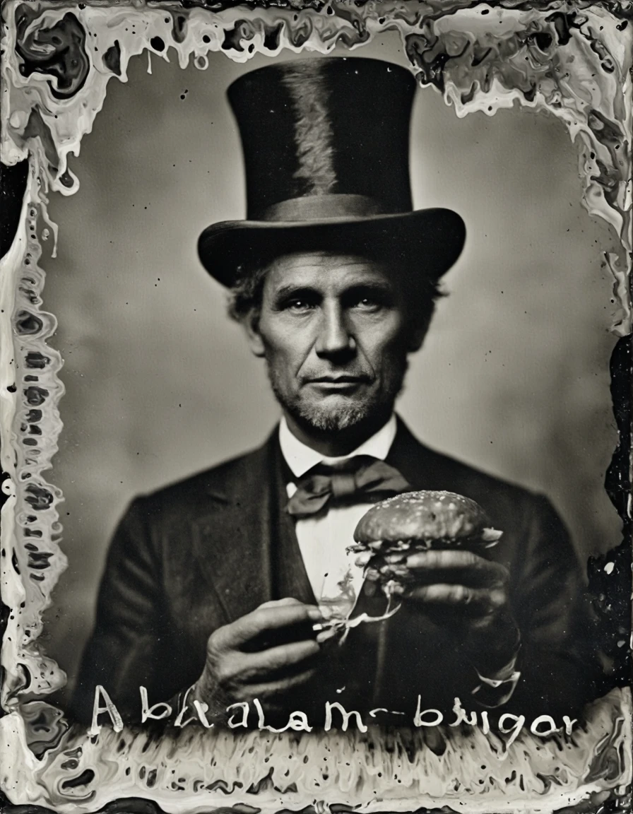 wetplatecollodion photo of Abraham Lincolm holding a hamburger, tophat, beard
border, swirls, washed out, textured, smears, scratches, folds
on the bottom messy handwritting "Abraham-burger"