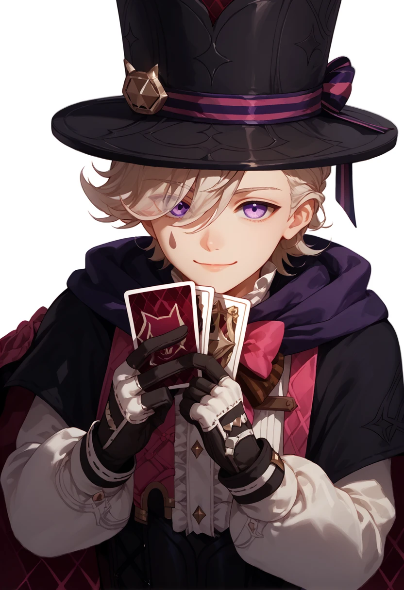 score_9, score_8_up, score_7_up, score_6_up, score_5_up, score_4_up, masterpiece, ultra-detailed, high resolution,

lyney, hat, 1boy, male focus, card, gloves, holding, solo, purple eyes, holding card, smile, black gloves, looking at viewer, white background, top hat, playing card, diamond (shape), cape, eyes visible through hair, simple background, upper body, long sleeves, hair over one eye