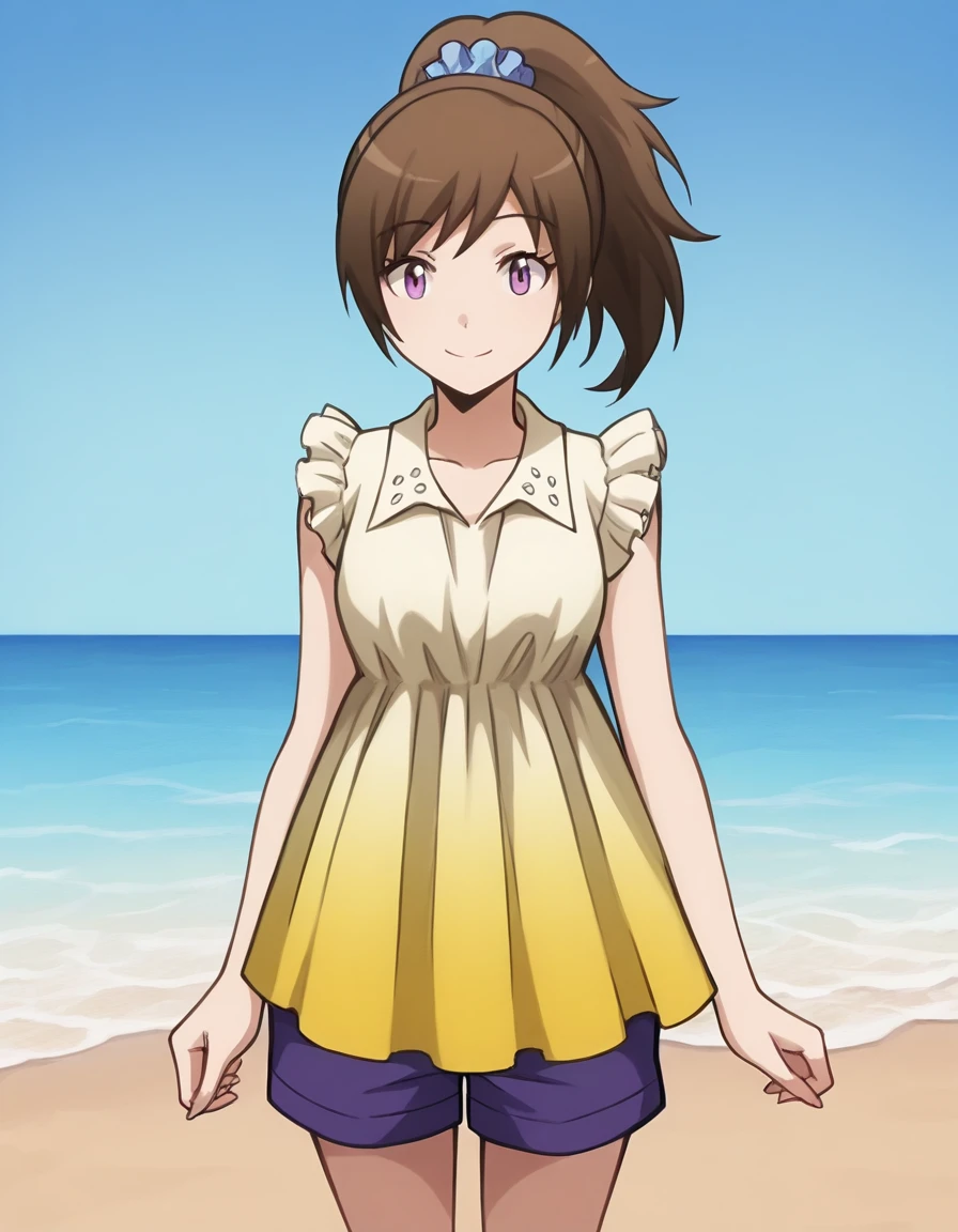 masterpiece, best quality, 1girl, <lora:Toka_Yada_IL_v2:1>, yadatoka, brown hair, high ponytail, purple eyes, blue scrunchie, tokasummer, pleated dress, two-tone dress, beige dress, yellow dress, frilled sleeves, blue shorts, looking at viewer, smile, beach, ocean