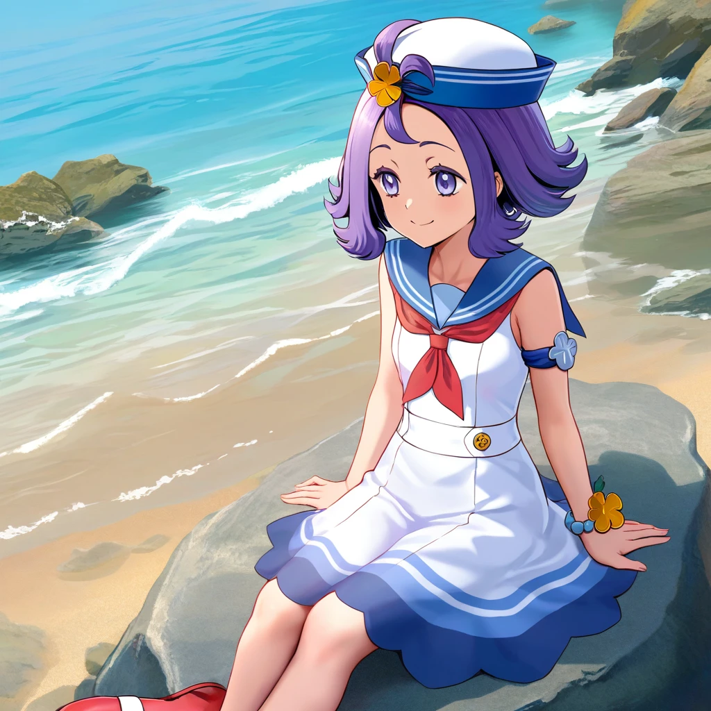 [hinosaki, yewang19, leveen, s_zenith_lee], (1girl), solo, sitting, on rock, sea, feet_in_water, smile,
[acerola_\(pokemon\)], medium_hair, purple_hair, purple_eyes, sailor_hat, white_hat, sleeveless_dress, white_dress, armlet, bracelet, red_neckerchief, sailor_collar, shoes, red_footwear official_alternate_costume, , masterpiece,amazing quality, very aesthetic, high resolution ,ultra-detailed, absurdres, newest