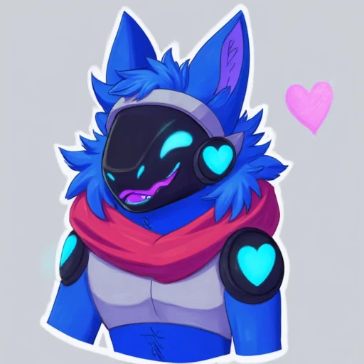 red scarf, tongue, white outline, grey background, upper body, blue theme, blue fur, glowing eyes, heart, animal ears, protogen 