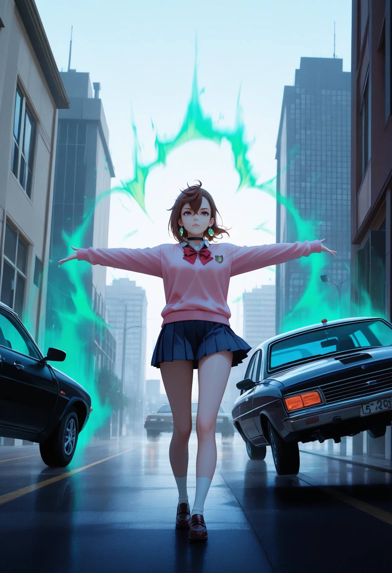 masterpiece, best quality, 2.5D,  
<lora:telekenesis [IL]:0.9> telekenesis, motor vehicle, ground vehicle, building, car, scenery, outstretched arms, green aura, 
1girl, solo,  <lora:dandadan_ayase_illustriousXL:0.8> ayase momo, short hair, brown hair, red eyes || school uniform, pink sweater, long sleeves, white shirt, collared shirt, red bowtie, blue skirt, pleated skirt, miniskirt, earrings, black choker,