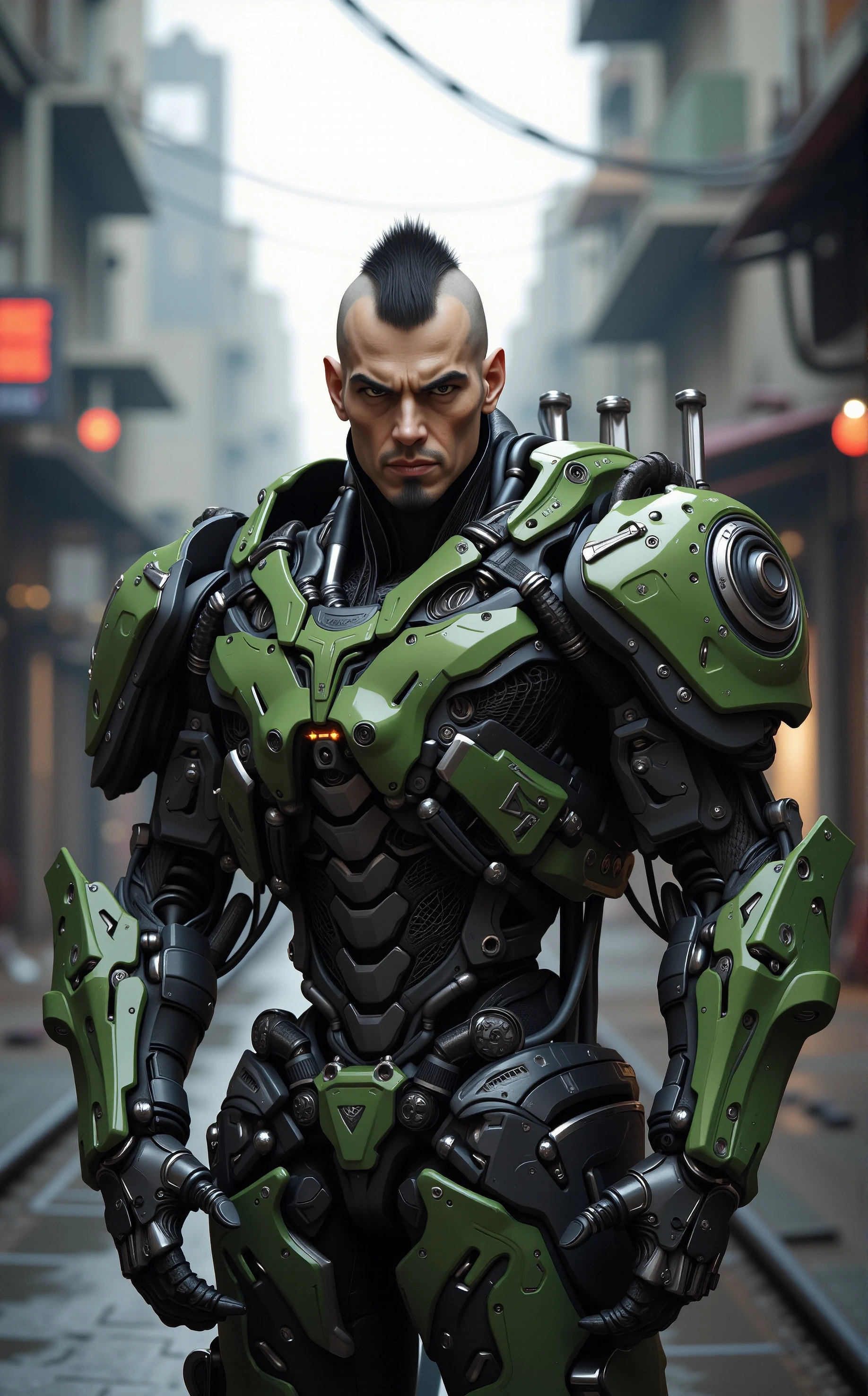 MechArmor, heavy mech, power armor, bulky, Off-center composition, half-body shot, a futuristic soldier with a buzz cut, he is standing in front of a cyberpunk cityscape with tall buildings and power lines in the background. The soldier is wearing a futuristic suit made up of military green and black metal, with intricate details and patterns. He has a serious expression and grizzeled look on his face, mood of the image is ominous and futuristic, cybernetic robot retro cyberpunk, 80's inspired, synthwave, neon, vibrant, detailed, retro futurism, android, machine, metal, tech, futuristic, highly detailed