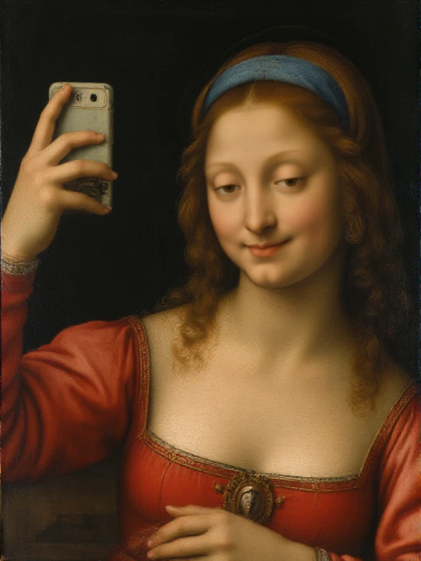 <lora:Renaissance Style:0.9> renaissance style painting of a woman taking a selfie with an iphone