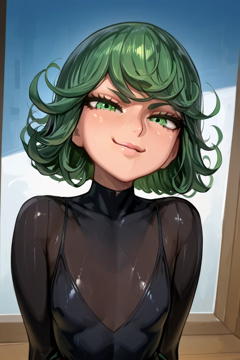 masterpiece, best quality, 1girl, solo, beautiful eyes, zzTatsumaki, green eyes, green hair, black dress, smile, smug, <lora:TatsumakiIXL:1.0>,<lora:ZuruotaIXL_v2:1.0>, upper body, smile, looking at viewer, shiny skin,