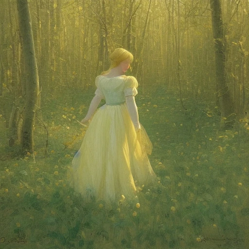 A young girl dressed in white was walking barefoot through the dense forest. Her golden hair was simply draped behind her head, and her snow-white skin was illuminated by the sunlight shining through the forest. Her skin and cheeks were rosy and tempting, as if shining brightly, The oil painting style and texture, using Impressionist techniques