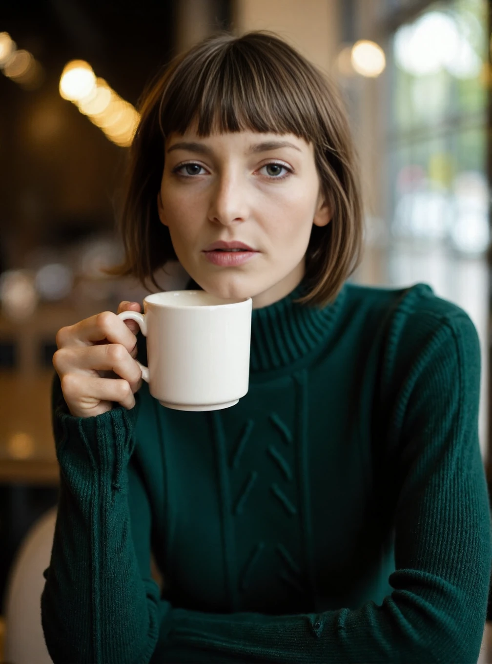 A professional photograph of a young fashion model Flora wearing a dark green cableknit sweater in a cafe, holding a latte, very short brunette hair in a cheek-length bob with bangs, light make-up, detailed skin, bokeh, female focus, SFW, smile<lora:Flora_aka_Mary_G:1>