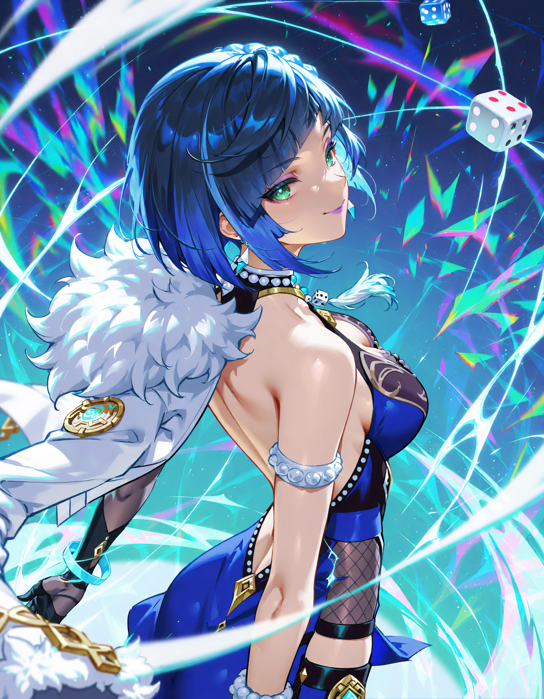 1girl, yelan \(genshin impact\), genshin impact, abstract background, blue dress, blue hair, blunt bangs, dress, feather collar, gloves, gold trim, green eyes, grey gloves, jacket, looking at viewer, looking back, short hair, smile, solo, upper body, white jacket, medium breasts, backless outfit, earrings, mismatched gloves, from behind, bare shoulders, parted bangs, arms at sides, breasts, shaft look, streaked hair, closed mouth, white feathers, purple lips, multicolored hair, gradient background, jewelry, fur-trimmed sleeves, fur trim, tassel choker, asymmetrical gloves, blue background, black gloves, dice, from above, bob cut, elbow gloves, backless dress, bead chok