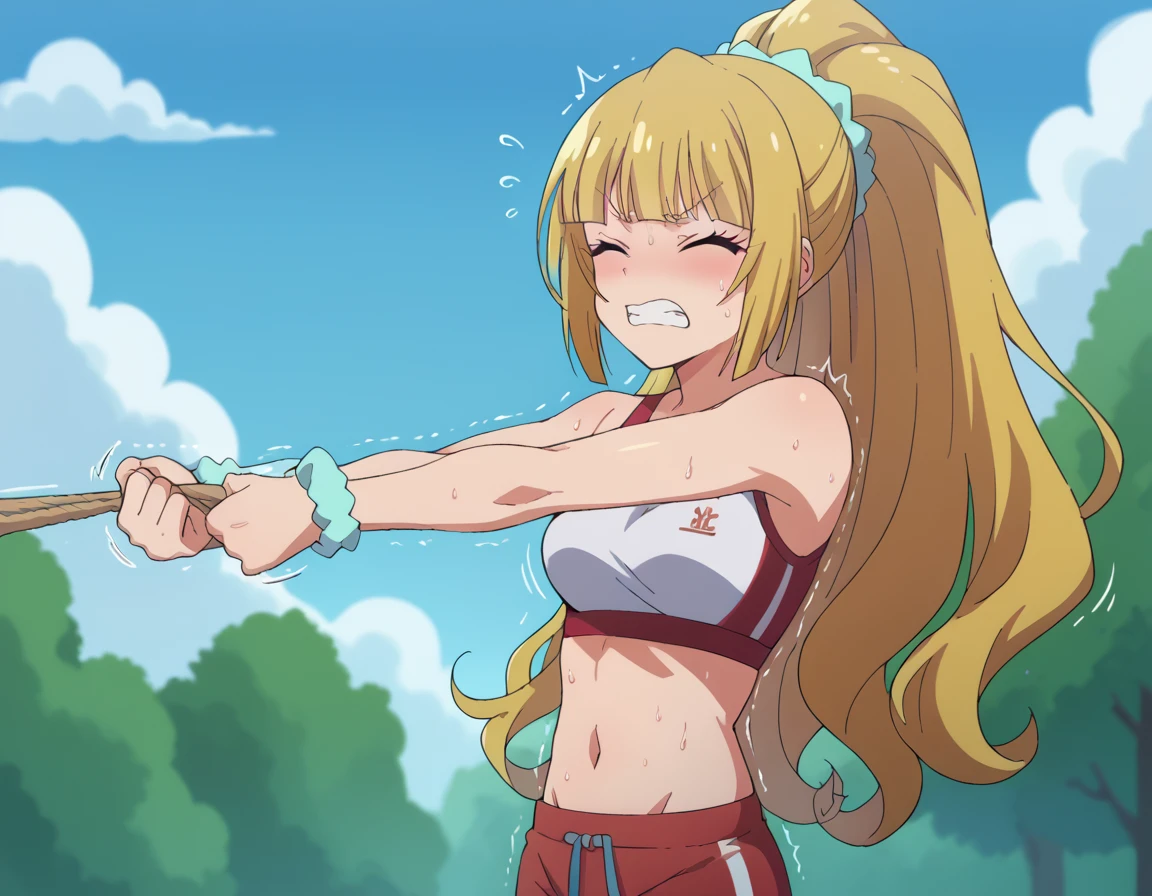 score_9, score_8_up, score_7_up, source_anime, <lora:kei-karuizawa-anime-s2-ponyxl-lora-nochekaiser:1>, kei karuizawa, long hair, bangs, blunt bangs, blonde hair, hair ornament, ponytail, scrunchie, blue scrunchie, medium breasts,, <lora:tug-of-war-ponyxl-lora-nochekaiser:1>, tug of war, flying sweatdrops, pulling, outdoors, rope, struggling, trembling, teeth, sweat, closed eyes, , sports bra, sportswear, midriff, navel, shorts, solo,