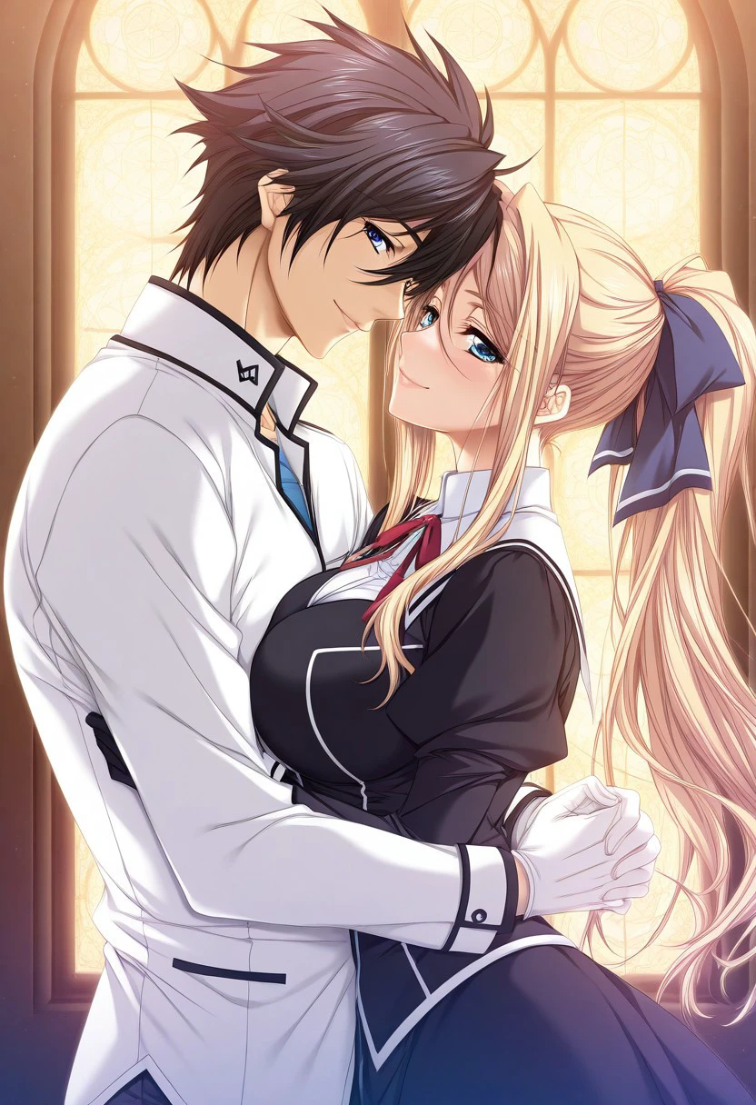 masterpiece, best quality, newest, highres, uncensored, 1girl, yokota mamoru style,motion lines,Very straight nose,slim,slender face,perfect nose,torogao,looking at the viewer,seductive smile
Raira Ria Soreru,Blonde Hair, Ponytail,Blue Eyes,Big Breasts,slim
1girl, 1boy, blonde hair, long hair, stained glass, blue eyes, hetero, ponytail, couple, gloves, holding hands, black hair, ribbon, imminent kiss, interlocked fingers, hair ribbon, smile, hug, 1girl, 1boy, blonde hair, long hair, stained glass, blue eyes, hetero, ponytail, couple, gloves, holding hands, black hair, ribbon, imminent kiss, interlocked fingers, hair ribbon, smile, hug