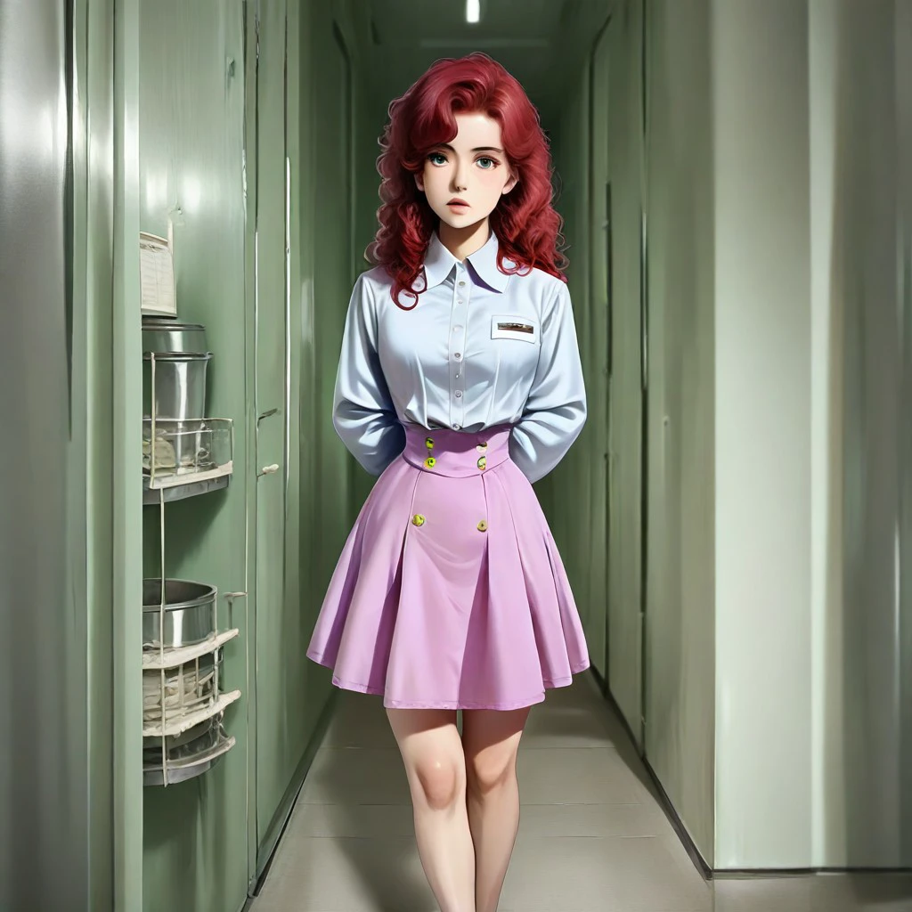 a semi realistic, solo woman with a micro waist standing in a lab full of broken containers and all liquid fluids leaking down to the floor, wearing a very short micro Japanese sakura skirt,long wavy red hair,she is looking to the river,looking away from the viewer,