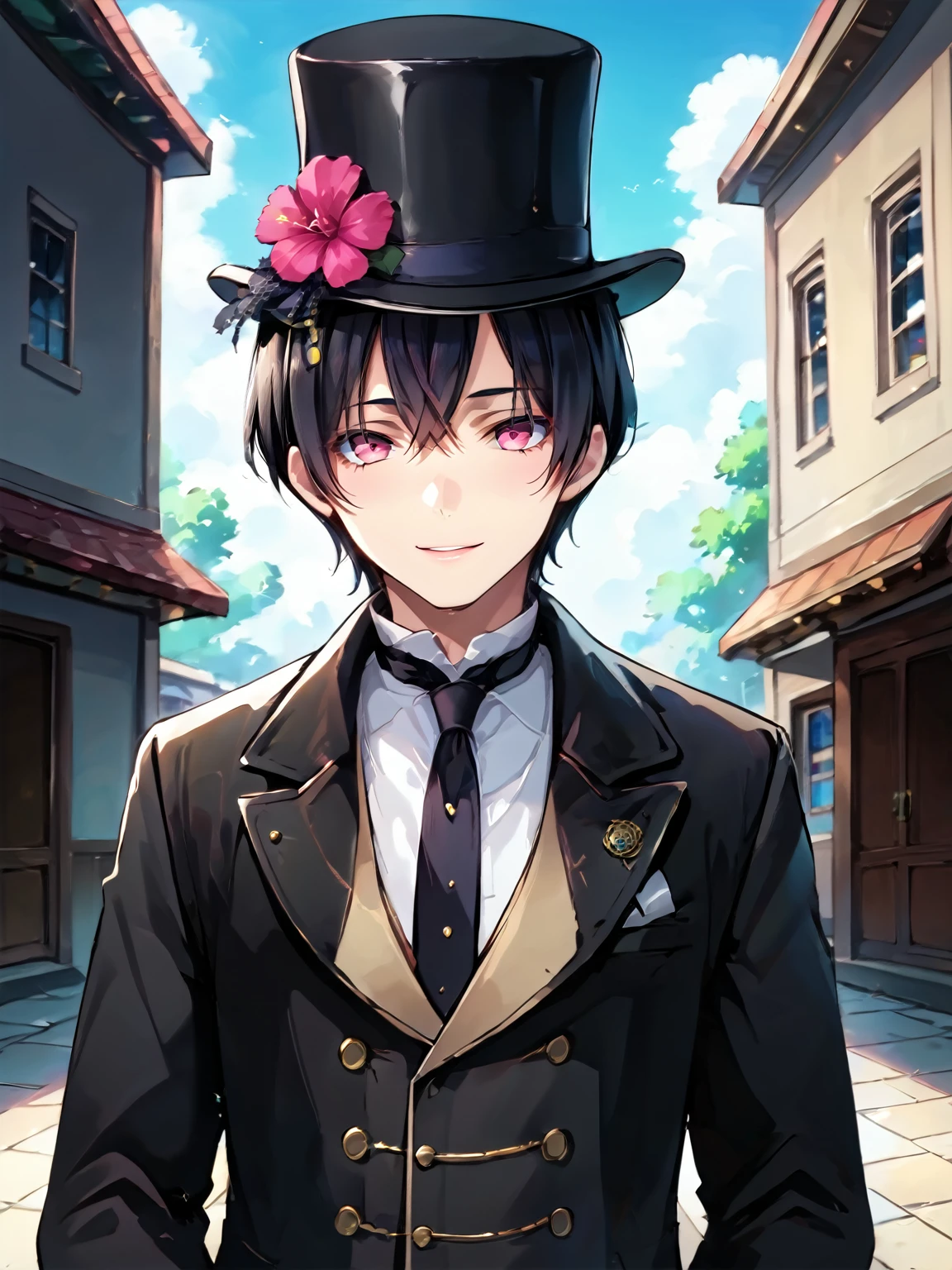 score_9, score_8_up, score_7_up, score_6_up, source_anime, anime screencap, 1boy, black hair, short hair, pink eyes, coat, open coat tophat, top hat, hat, hat flower, outdoors, library, blush, light smile, (portrait), detailed background, Hyperdetailed, Extreme Detail, 4K Resolution, Masterpiece, Best Quality <lora:Top_Hat_-_RealmRabbit:1>