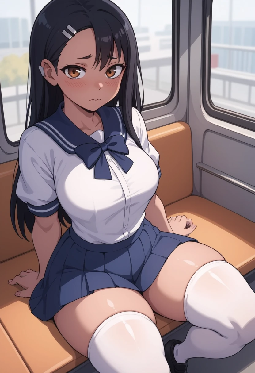 score_9, score_8_up, score_7_up,score_6_up,
, nagatoro hayase,breasts,thighs,ijiranaide nagatoro-san,school uniform, skintight white shirt, skirt, black shoes, white thighhighs,highres,cute face, shy,brown eyes,slender, medium breasts,black hair,1girl,zonen404, in a crowded train, public transportation, <lora:ThiccPonyXL_V9:3>