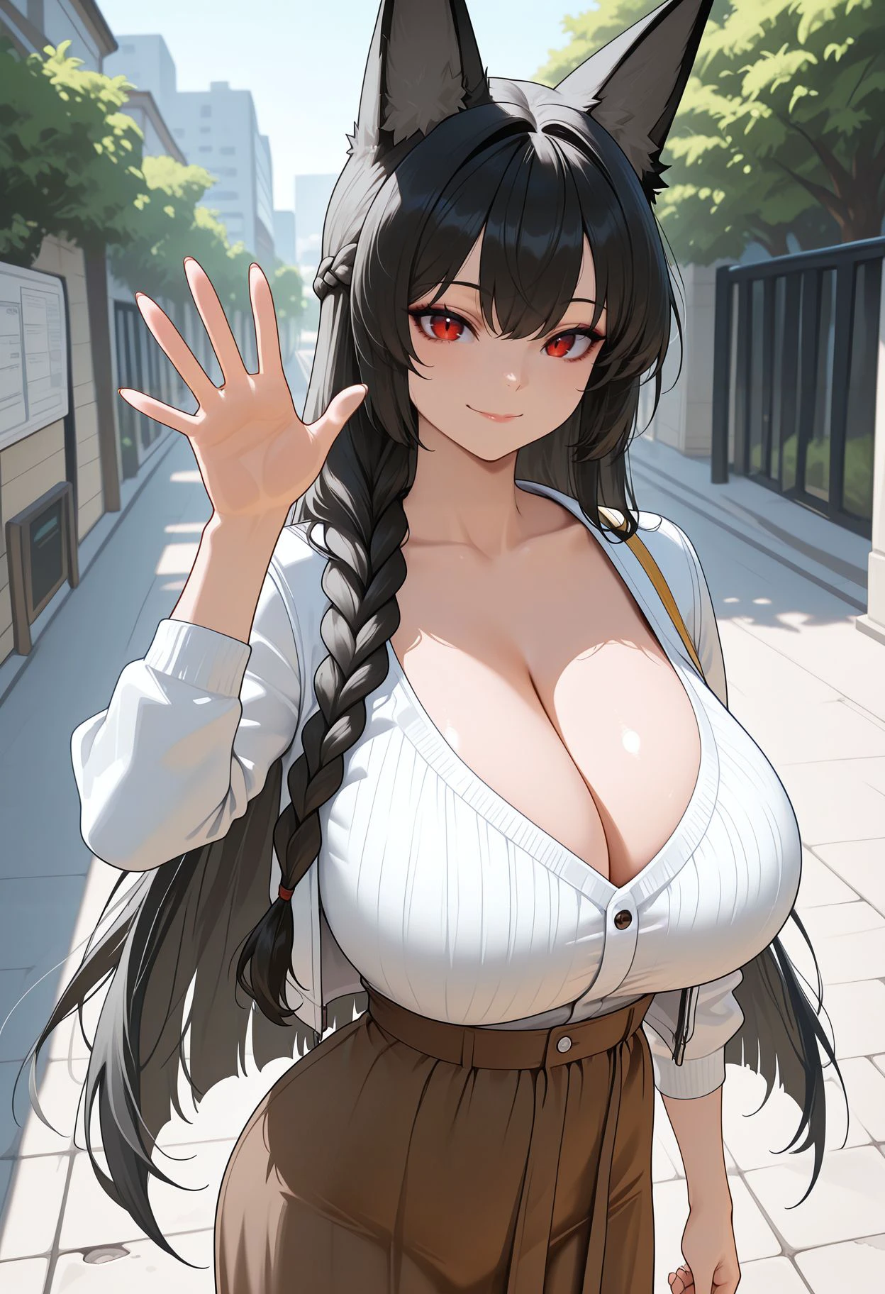 masterpiece,best quality,amazing quality,sharp details, vivid color <lora:miyabi_zzz _ilxl_goofy:1>miyabizzz,black hair, 1girl, braid, breasts, brown skirt, casual, cleavage, closed mouth, hand up, huge breasts, jacket, long hair, long sleeves, looking at viewer, official alternate costume, outdoors, skirt, smile, solo, very long hair, waving, white hair, white jacket