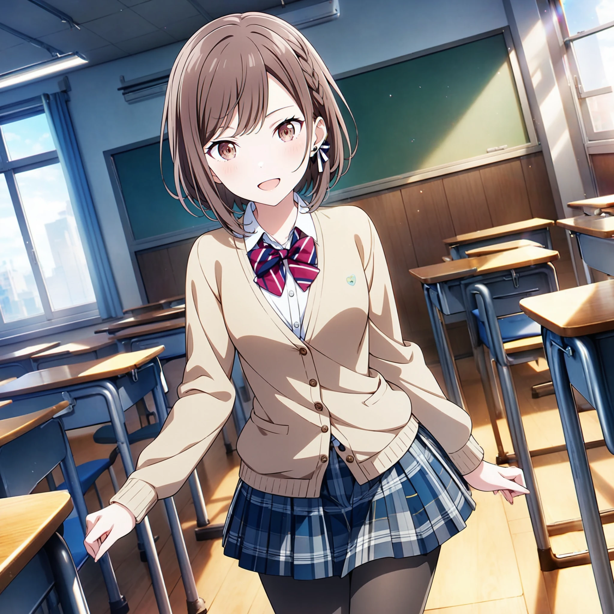 1girl, shinonome ena, project sekai, solo, masterpiece, very aesthetic, absurdres, official art,
kamikou blazer, solo, brown hair, short hair, braid, brown eyes, bangs,
(looking at viewer:1.2), :D, cowboy shot, contrapposto, dutch angle, BREAK
light brown cardigan, (buttoned cardigan:1.2), white shirt, plaid skirt, red diagonal-striped bowtie, black pantyhose,
indoors, school classroom, day, sun light, beautiful blue sky, chair, desk,
<lora:sdxl-vbs-SeifukuAn03:0.4:lbw=0,0,0.2,0.2,0,0.4,0.4,0,0.8,0.8,0,0,0,0.8,0.8,0.6,0.8,0.0,0.0,0.0,0,0,0,0,0,0>