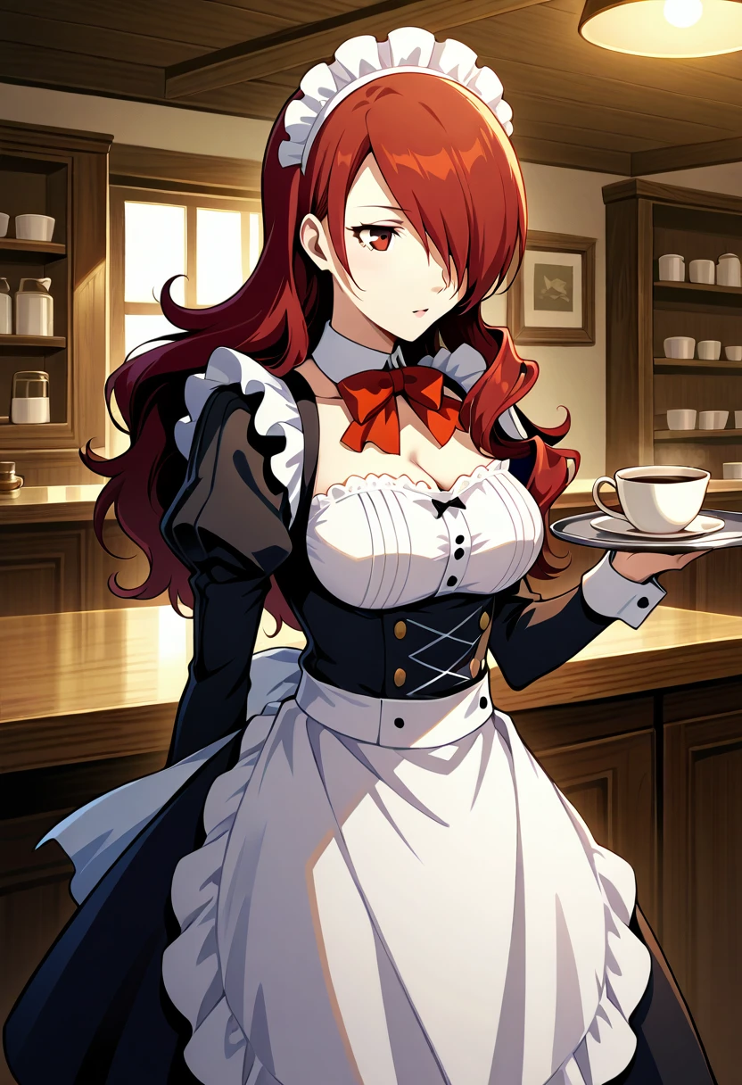 1 girl, solo, cute face,
p3mitsuru, long hair, hair over one eye, 
maid dress, cleavage, broad lighting, indoors, cafe, cowboy shot 
masterpiece, best quality, ultra detailed,