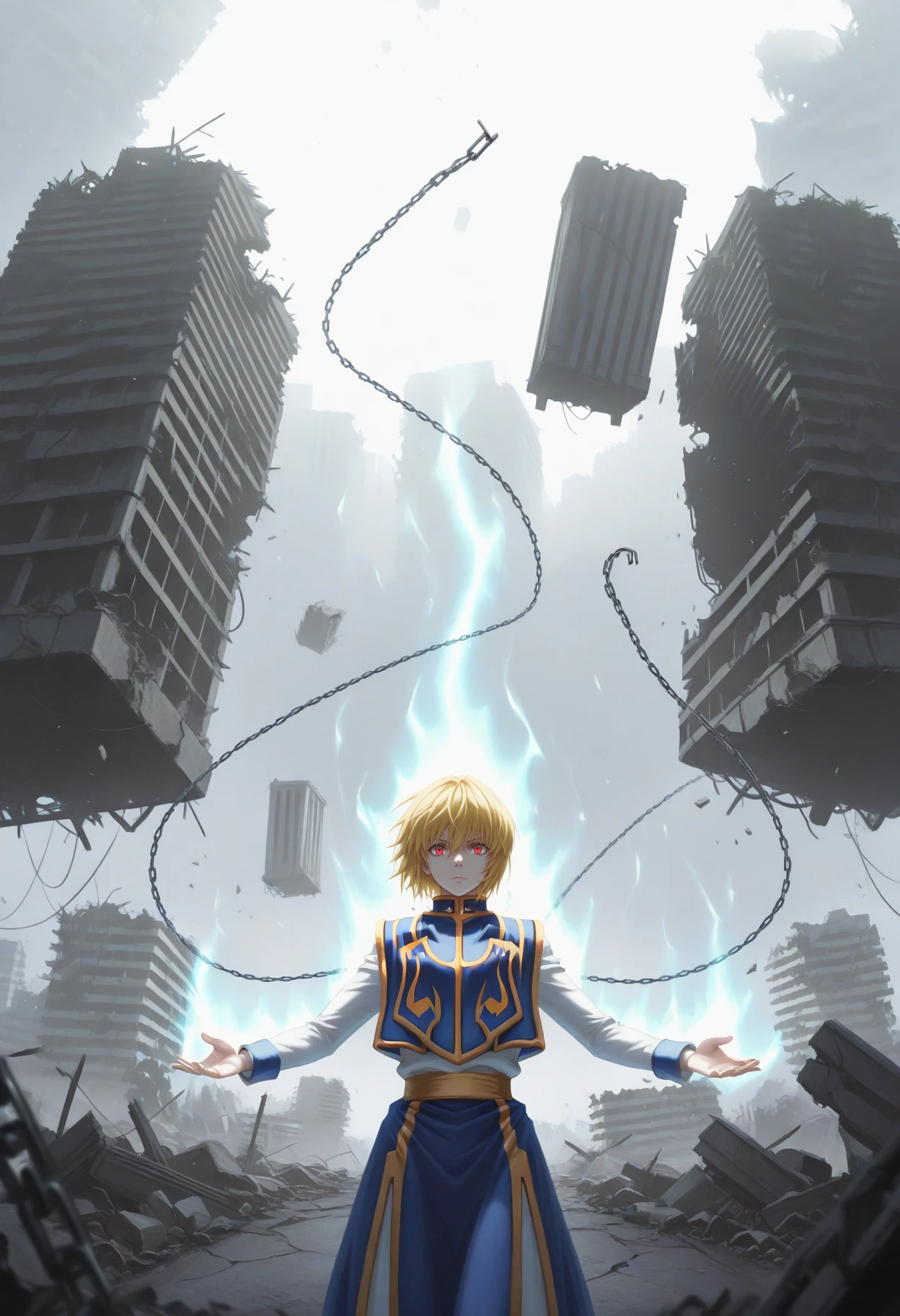 masterpiece, best quality, 2.5D,
<lora:telekenesis [IL]:1> telekenesis,   outstretched arms, aura,
||1.  (floating building, ruins, post-apocalypse),
<lora:kurapika_hxh_ilxl:0.7> kurapika_hxh, blonde hair, grey eyes, short hair, bangs, hair between eyes || red eyes || chain, (1boy, solo, male focus,)