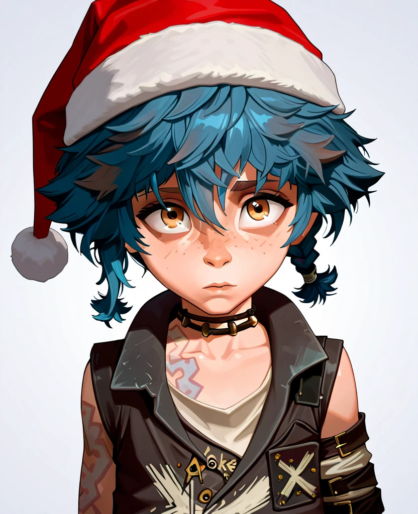 <lora:Isha_Arcane_Illustrious:1> masterpiece, 1440p, 8k, UHD, amazing quality, high resolution, 1sh4, arcane, 1girl, santa hat, hat, freckles, solo, braid, looking at viewer, choker, short hair, blue hair, tattoo, brown eyes, bangs, upper body, black choker