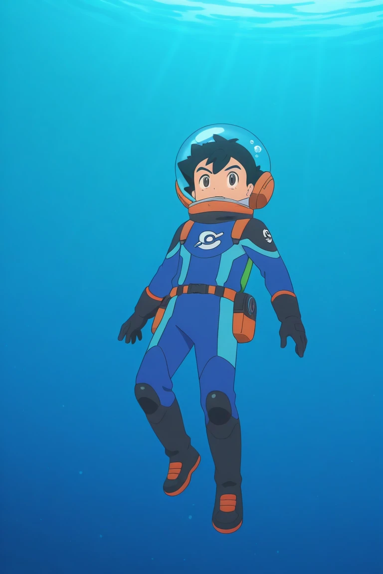 score_9, score_8_up, score_7_up, score_6_up, score_5_up,score_4_up, 
masterpiece, best quality, amazing quality, very aesthetic, absurdres, newest, official art, high resolution
ash, black hair, brown eyes, 1boy, male focus, solo, helmet, underwater, gloves, closed mouth, diving suit