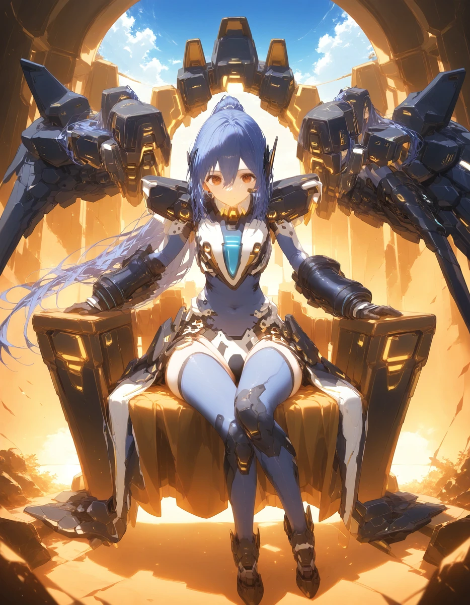 TakamiyaMana, 1girl, solo, long hair, looking at viewer, thighhighs, gloves, holding, hair between eyes, brown eyes, very long hair, blue hair, ponytail, weapon, wings, holding weapon, armor, leotard, bodysuit, headgear, high ponytail, blue thighhighs, mecha musume, mechanical wings,