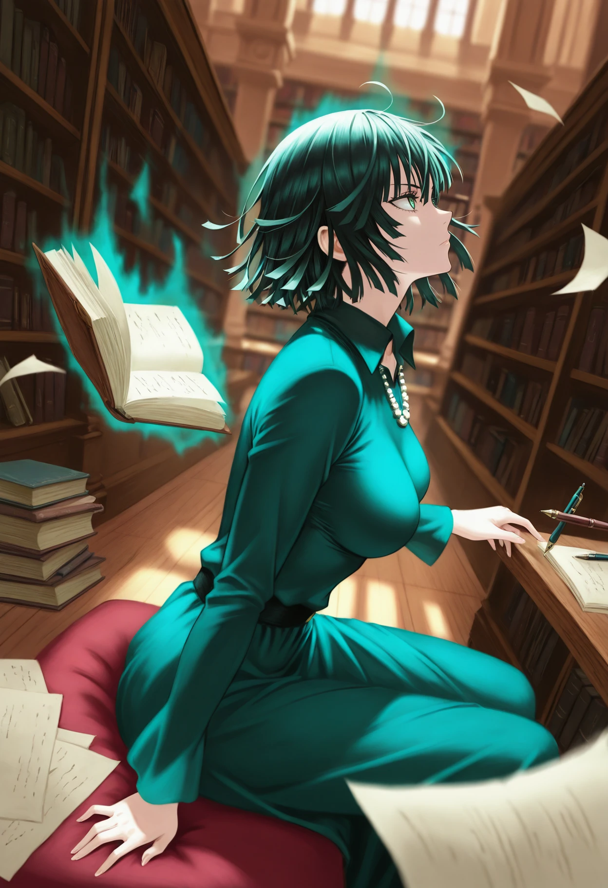 masterpiece, best quality, 2.5D,  
<lora:telekenesis [IL]:0.9> telekenesis, library, floating books, paper, pen, sits, aura, top half body, from side, from front, from top, dynamic angle, 
1girl, (solo,), fubuki_(one-punch_man), 1girl, green_eyes, black_hair, long green dress,