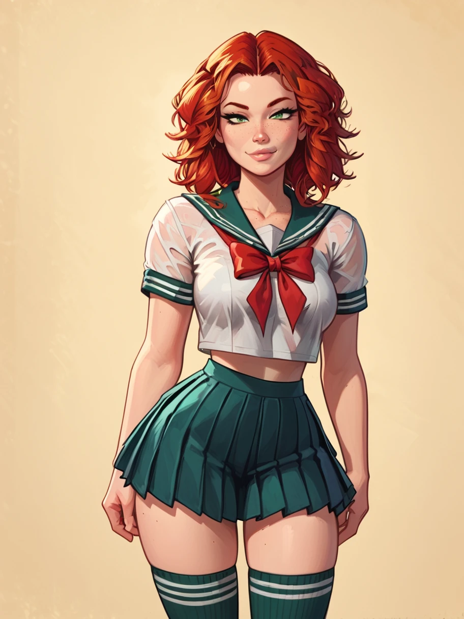 easynegative, zPDXL,  1girl, solo , cowboy shot, ,facing the viewer, looking at the viewer, smug, cartoon, source_cartoon
<lora:Hannah_The_Genesis_Order_Pony:1> hannahgo, red hair, green eyes, lips, freckles, pale skin,
sailor uniform, pleated skirt, thigh high socks
<lora:raichiyo33XLP:.55> raichiyo33 <lora:bp4rtXLP:.55> <lora:Expressive_H:.65>expressivehâââ