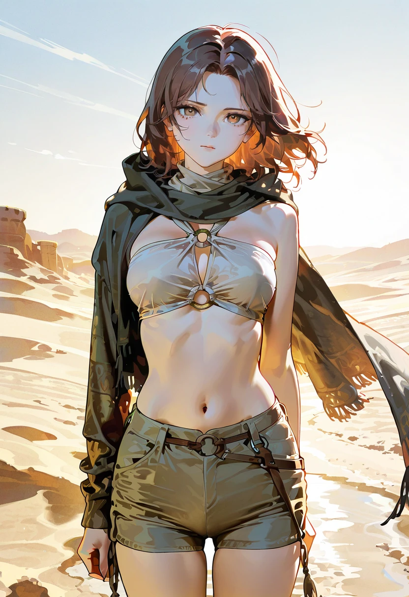 1girl,solo,looking at viewer,ikeda ruriko, desert, hood, shorts, scarf,midriff,halter top, melina_(elden_ring)