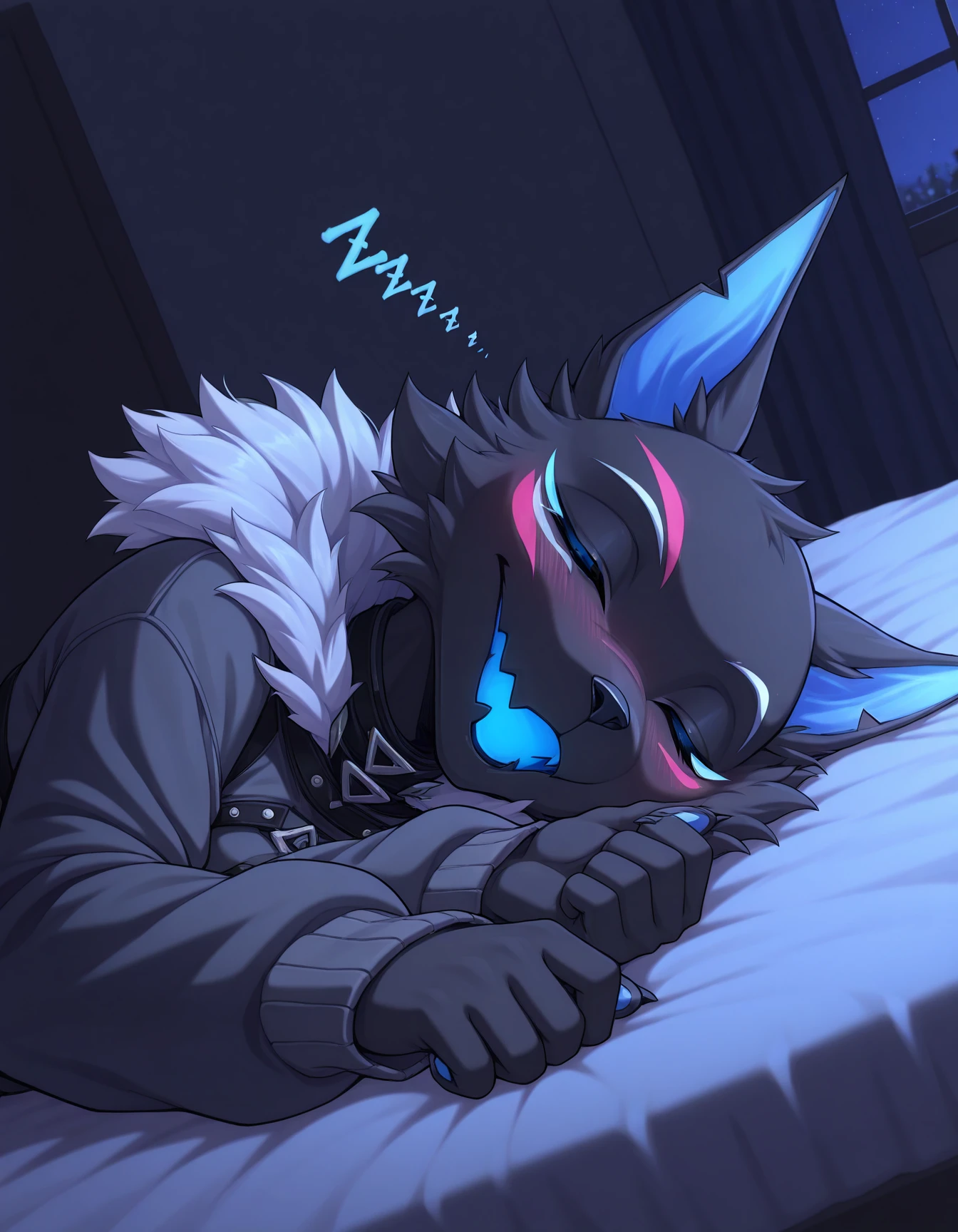 Highwire, girl, blue mouth, scars in face, sleeves, black fur, closed eyes, masterpiece,bedroom,night,on_side,sleeping,zzz,dynamic_angle,best quality,good quality,newest,incredibly absurdres,dark,
<lora:Highwire_illustriousXL:0.9>