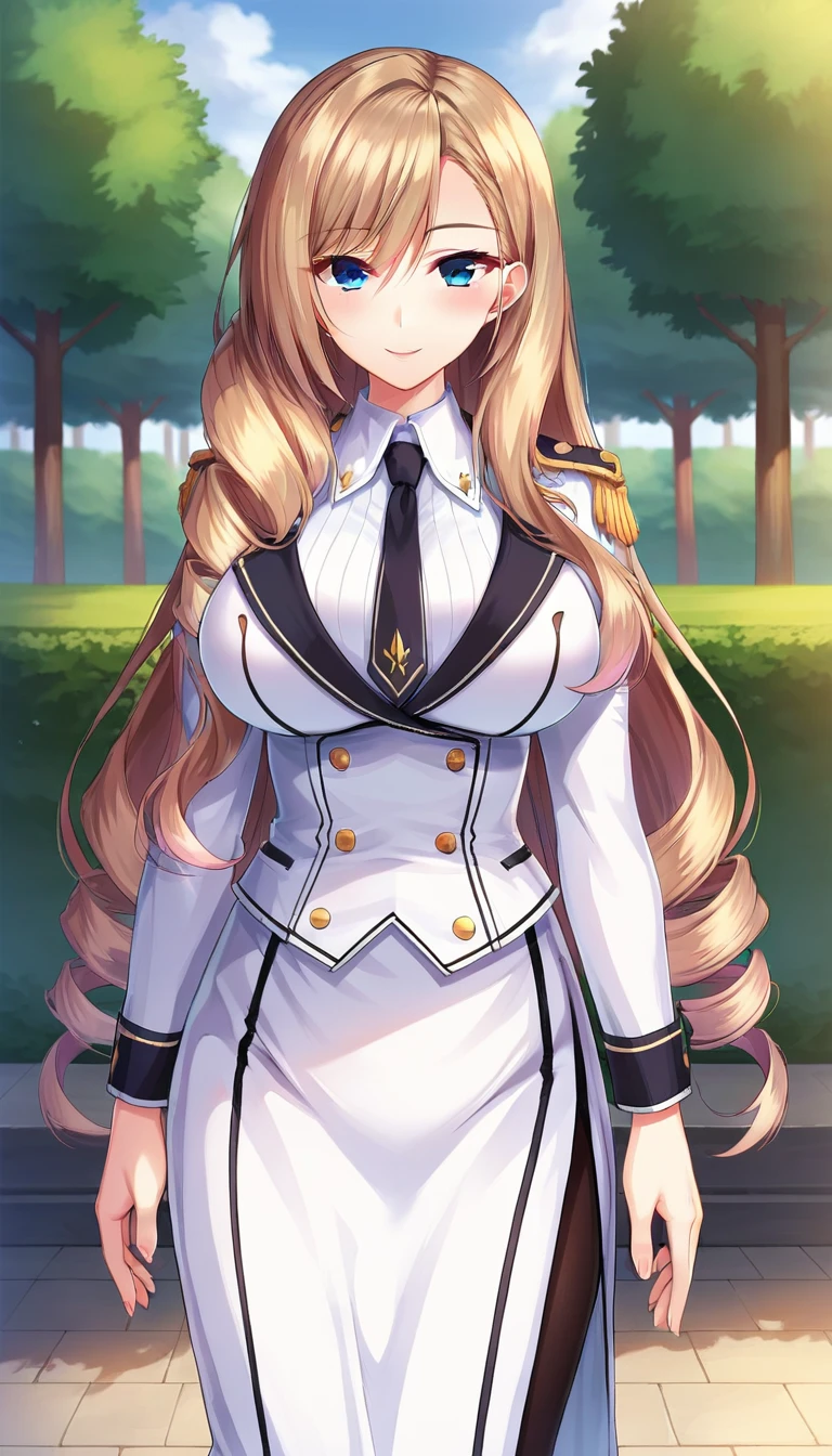 score_9,score_8_up,masterpiece,best quality,correct anatomy,anime_source,1girl,solo,perfect eyes,perfect arms,perfect legs,perfect face,outdoors,upper body,(portrait:1.5),looking at viewer,facing viewer,smile,blush,Stella Marisudia,very long hair,light brown hair,drill hair,hair over shoulder,sidelocks,hair between eyes,bangs,tsurime,blue eyes,uniform,black necktie,white jacket,white shirt,long sleeves,large breasts,long skirt,white skirt,side slit,black pantyhose,high heels,black footwear,<lora:Stella Marisudia(uq)-Pony:1.2>,
