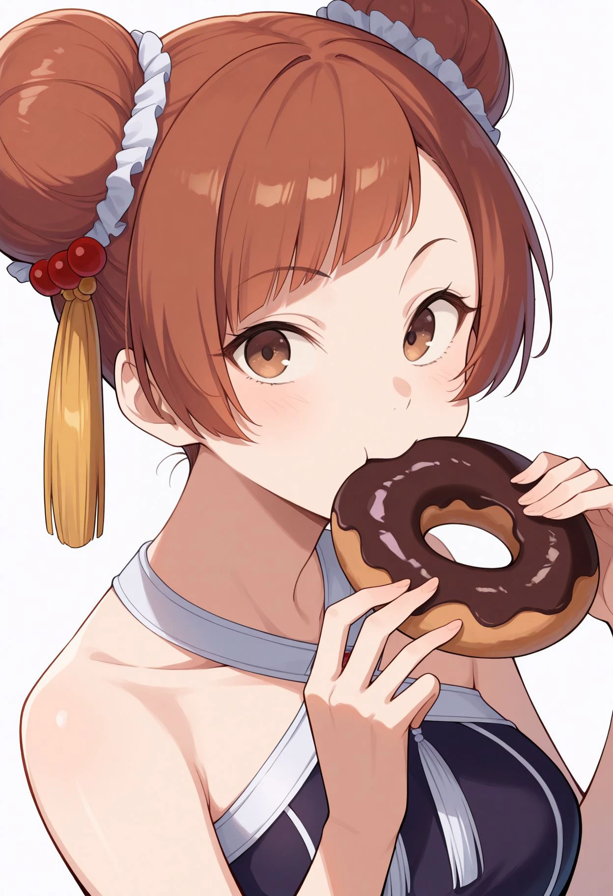 masterpiece, best quality, 
 <lora:Lauffen illu:1> ,1girl, eating, doughnut, double bun, hair bun, white background, brown eyes, simple background, looking at viewer, halterneck, upper body, holding food, hair ornament, bare shoulders, brown hair, breasts, short hair, dress, tassel, criss-cross halter