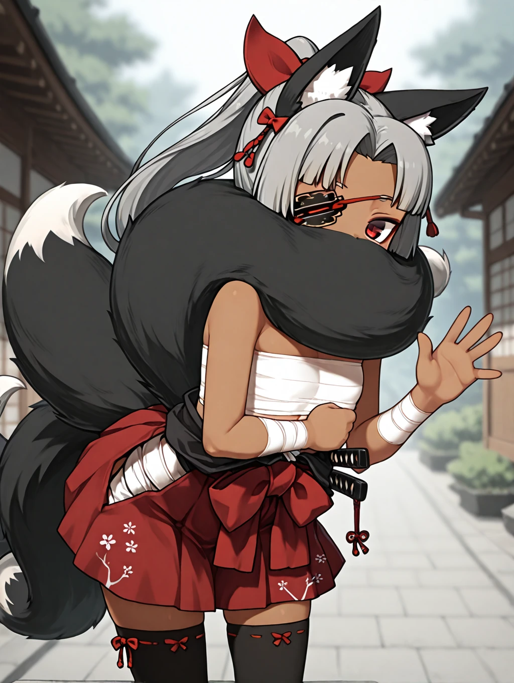 1girl, Izuna, grey hair, high-ponytail, red eyes, black fox ears, black fox tail, 4 tails, dark_skin, eyepatch, bandages, sarashi, red skirt, hair bow, red bow, tail over mouth, covered mouth, tail around head, black thighhighs, sheath, katana,

expressionless, standing, ((dynamic pose)), outdoors, waving,

masterpiece, best quality,amazing quality, very aesthetic, absurdres, depth of field, blurry background, extremely detailed face, detailed eyes eyes,masterpiece,best quality,amazing quality