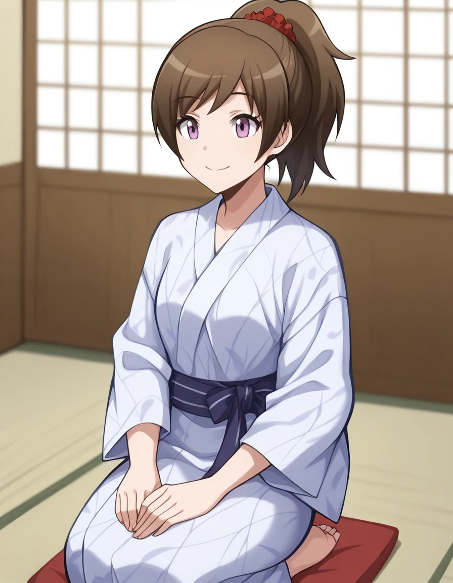 masterpiece, best quality, 1girl, <lora:Toka_Yada_IL_v2:1>, yadatoka, brown hair, high ponytail, purple eyes, red scrunchie, white yukata, smile, seiza, japanese room