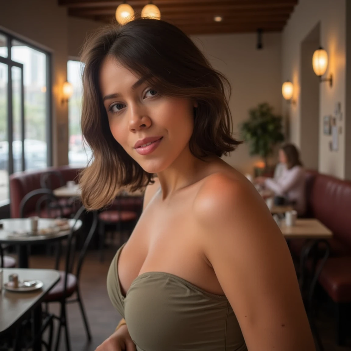 Liliana, 1girl, solo, realistic, photorealistic, high quality picture, 8k, high resolution, detailed quality, film grain, natural photo, ultrarealistic, (((40-years-old))), ((detailed wrinkles in her face)), LATINA, (Background: Dominican Republic), (((SLIM))), ((THIN)), (Slender) ((Short Straight hair)), come hither look, fully clothed, Pose: standing, ((standing on a restaurant in Dominican Republic)), Night time, full shot