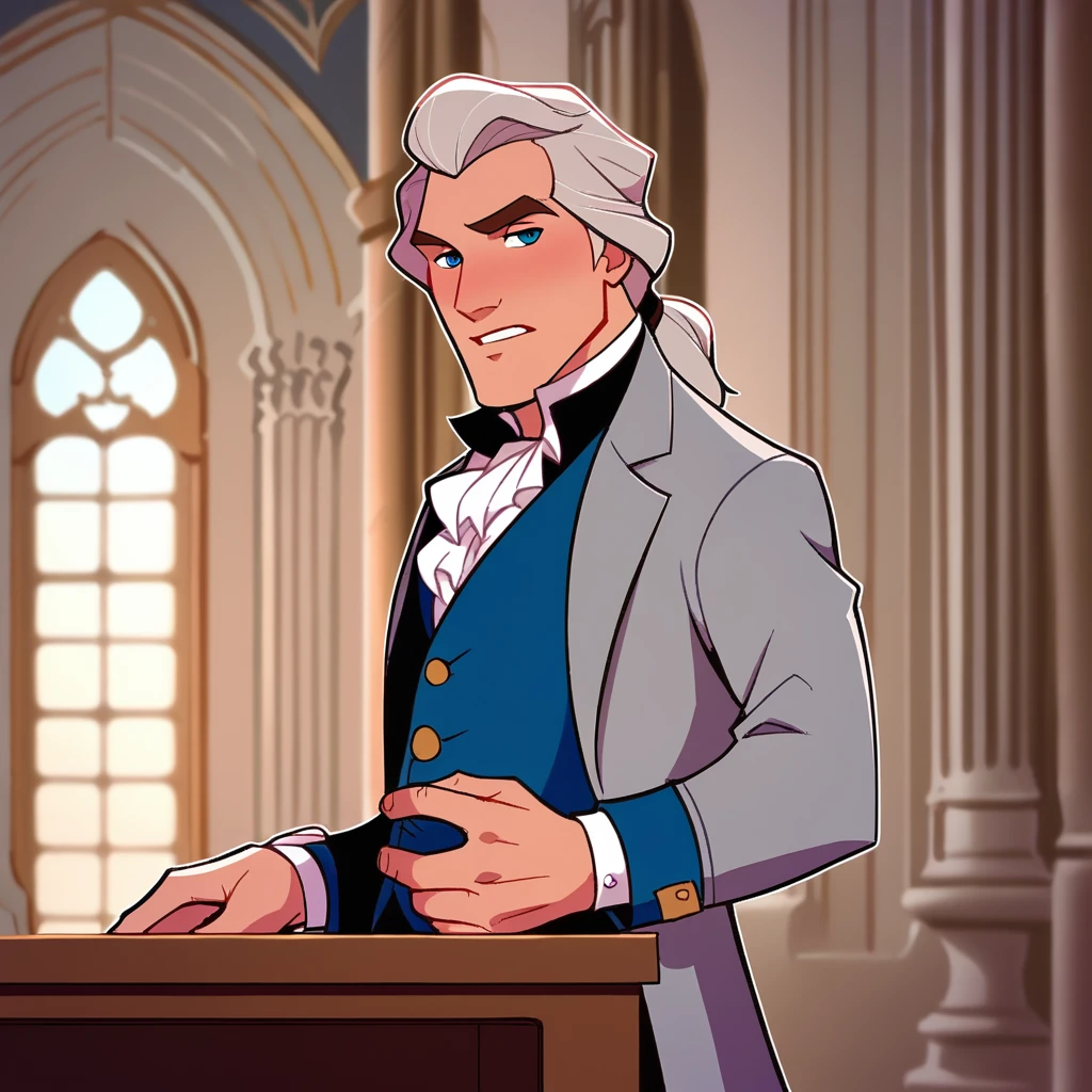 score_9, score_8_up, score_7_up, drawing, disney style, cartoon, animation, 1boys w16hsl1ps, male focus,he wears a historical wig and 18th century clothes, indoors, gray hair, open coat, waistcoat, blue breeches, white stockings, shoes, <lora:Disney_Renaissance:0.6>, 
((masterpiece, best quality)), ponytail with black ribbon, from waist up,
<lora:18th_Cent_man_PXL_V0:0.8>, 
<lora:Smooth Anime 2 Style SDXL_LoRA_Pony Diffusion V6 XL:1>