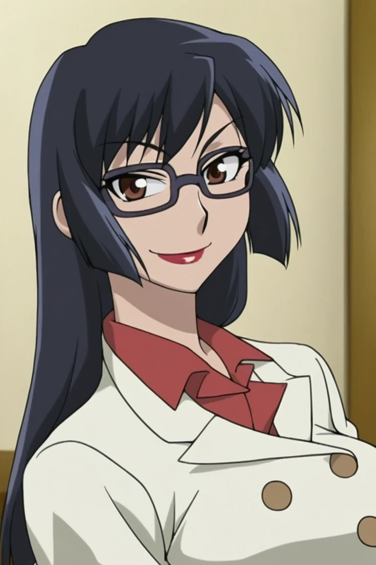 score_9, score_8_up, score_7_up, 1girl, solo, s4w4mur4MT, black hair, long hair, glasses, brown eyes, suit, buttons, looking at viewer, smile, lipstick, portrait, indoors, side view