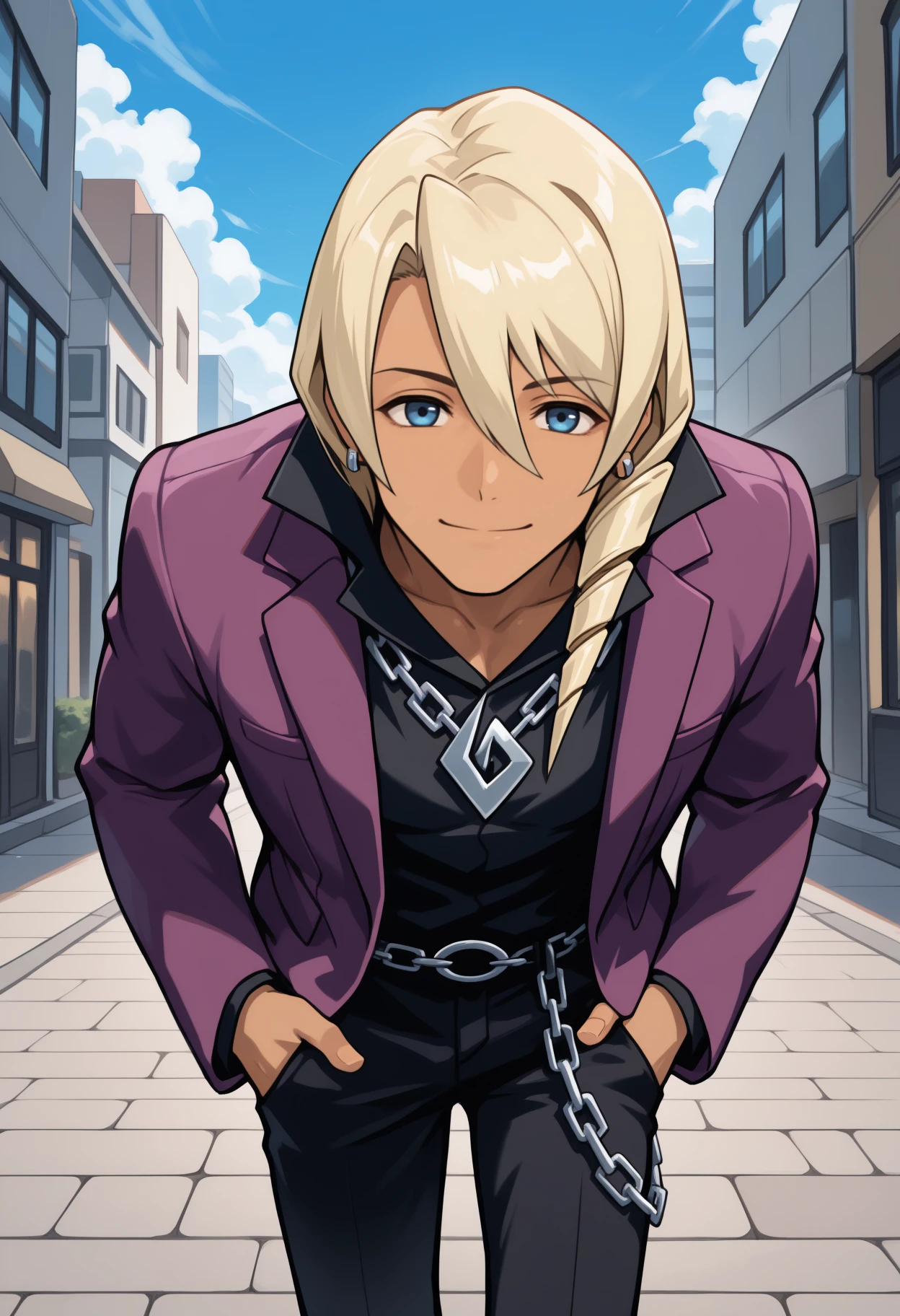 anime, masterpiece, best quality, male focus, solo, 1boy, klvgv, dark-skinned male, smile, looking at viewer, standing, leaning forward, hands in pockets, blonde hair, hair between eyes, drill hair, hair over shoulder, blue eyes, purple jacket, open jacket, long sleeves, black shirt, collared shirt, popped collar, black pants, belt, earrings, chain necklace, ring, outdoors, blue sky, cloud, sidewalk, building
<segment:yolo-Anzhc Face seg 640 v2 y8n.pt,0.4,0.5//cid=1>