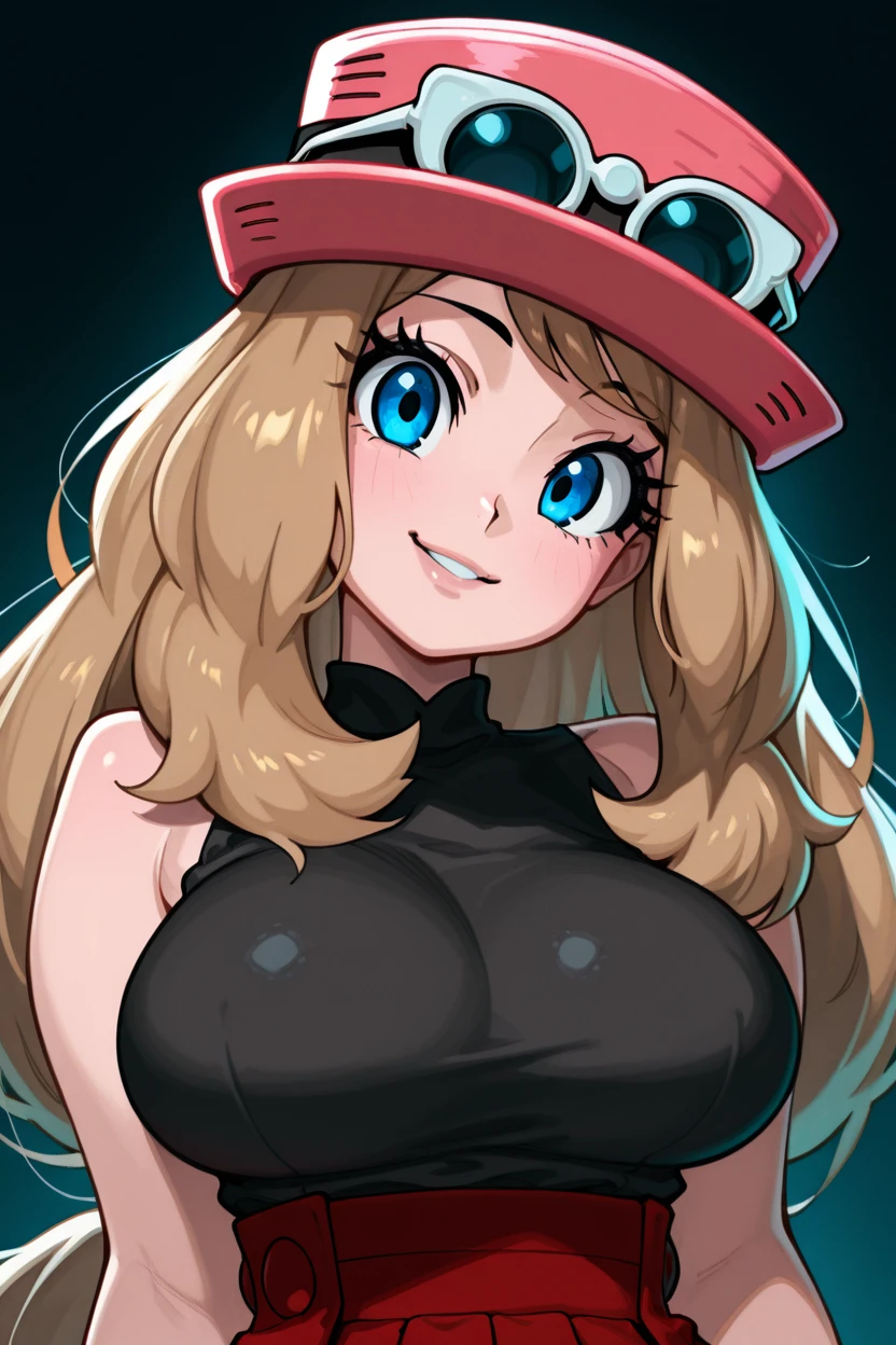 masterpiece, best quality, 1girl, solo, eyelashes, (beautiful eyes),   zzSerena, solo, long hair, blue eyes, eyewear on headwear, pink headwear, eyelashes, sleeveless shirt, black shirt, bracelet, high-waist skirt,   looking at viewer, smile, bangs, large breasts,  upper body, head tilt, <lora:SerenaPokemonIXL_v2:1.0>,  ,<lora:TangobatIXL_v1:1.0>,