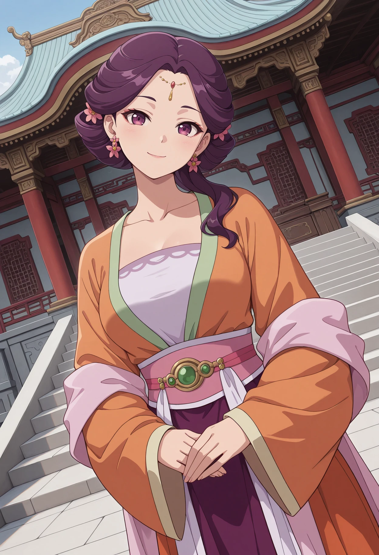 masterpiece, best quality, amazing quality, very aesthetic, intricate details, highly detailed background,<BREAK> 1girl, solo,
<lora:Yinghua_The_Apothecary_Diaries_IL_V1:1>, KJOyinghua, purple hair, purple eyes, hair flower, updo, earrings, hair over shoulder, forehead jewel,
orange hanfu, purple dress, pink sash, own hands together, arms lowered,
smile, head tilt, dutch angle, looking at viewer,
east asian architecture, palace, outdoors,
(Beautiful, medium Breasts:1.2), mature female,