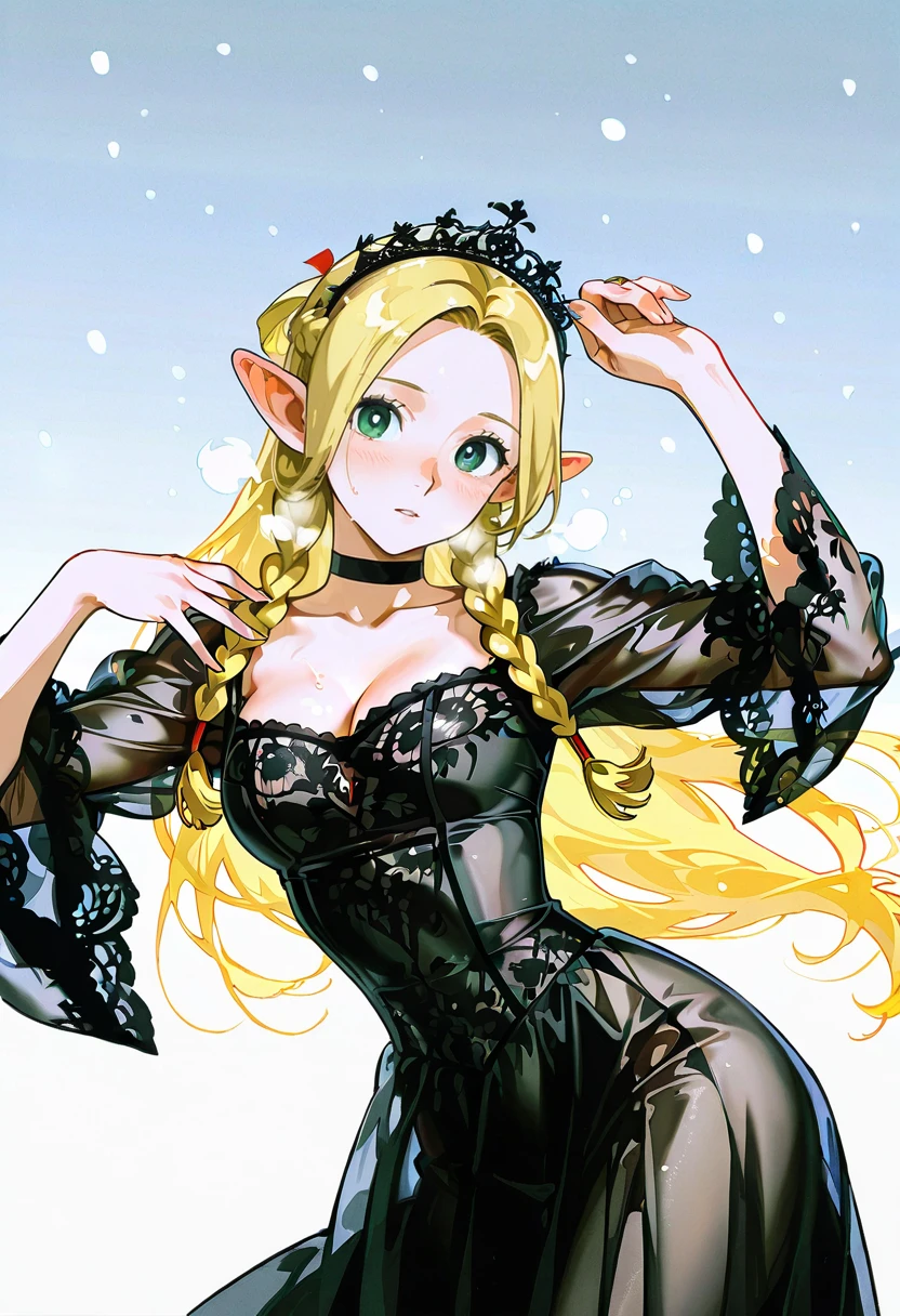 1girl,solo,looking at viewer,ikeda ruriko,sg dress, see-though, choker,black dress, crown, marcille_donato,snow,dancing,